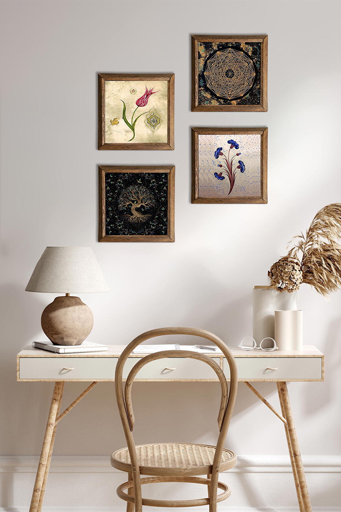 Ebru Sanatı, Nazar, Tavus Kuşu Taş Duvar Tablosu Ahşap Çerçeveli Duvar Dekoru 4 Parça Tablo Seti Wall Art