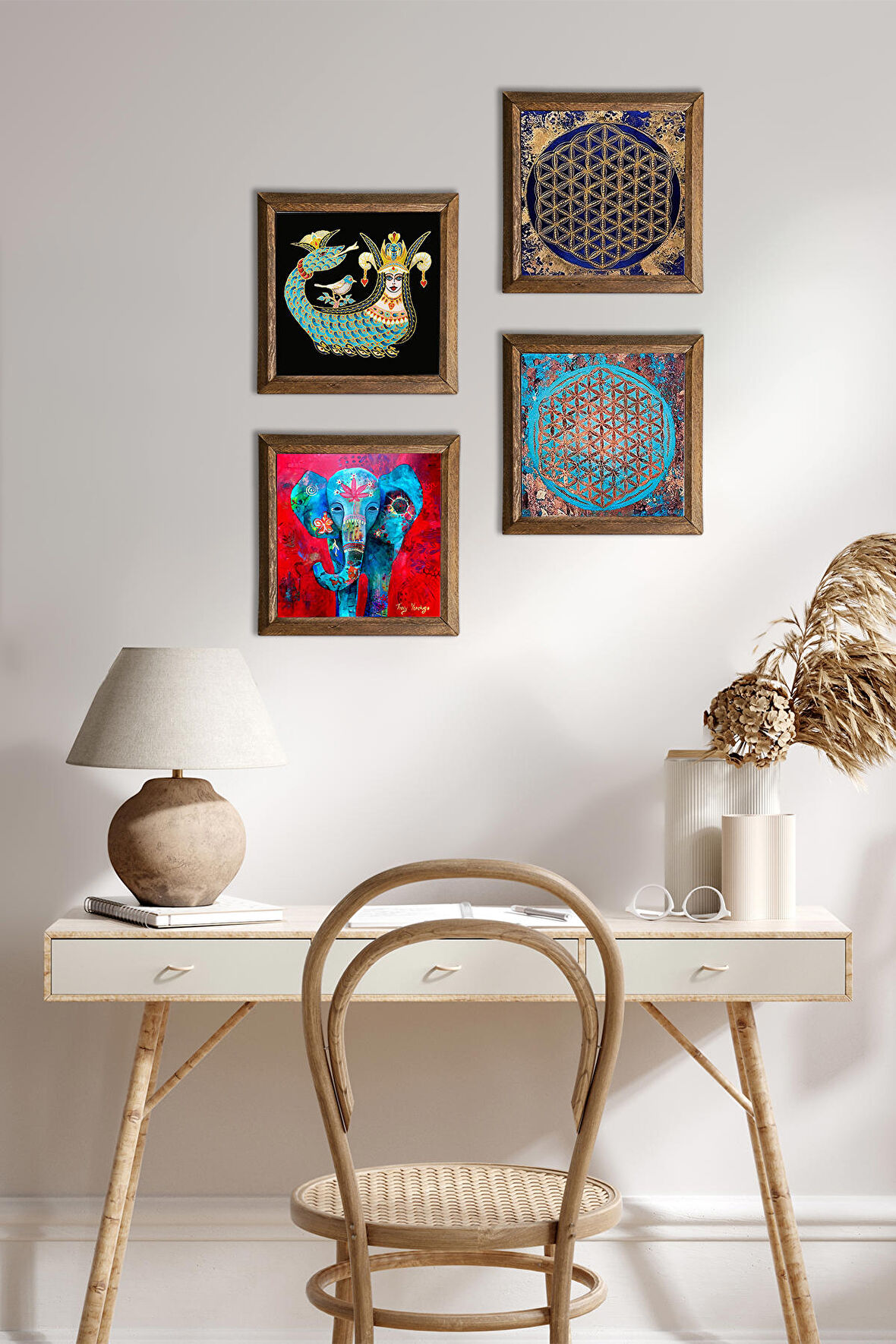 Fil, Yaşam Çiçeği, Şahmeran Taş Duvar Tablosu Ahşap Çerçeveli Duvar Dekoru 4 Parça Tablo Seti Wall Art