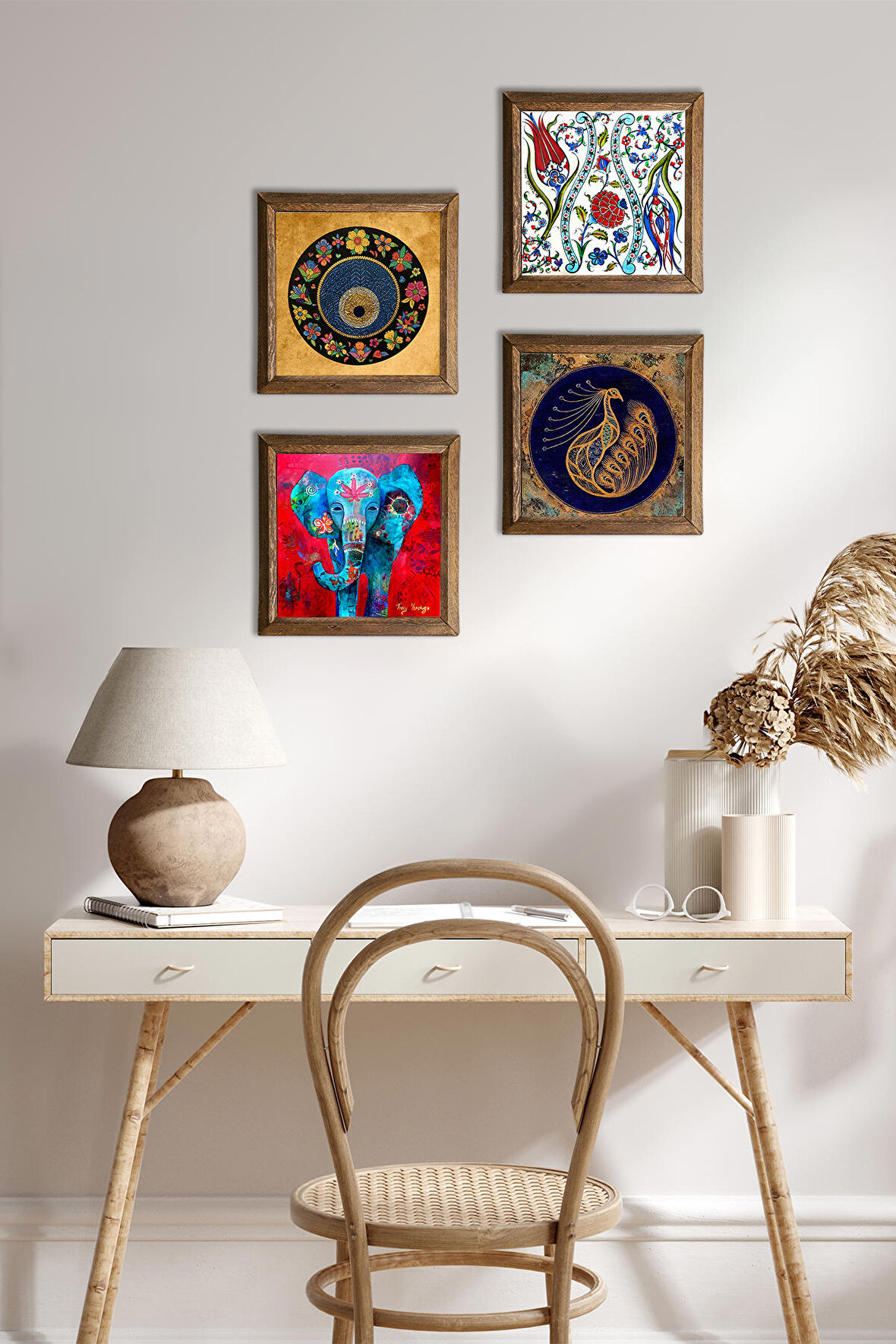 Fil, Tavus Kuşu, Lale, Nazar Taş Duvar Tablosu Ahşap Çerçeveli Duvar Dekoru 4 Parça Tablo Seti Wall Art