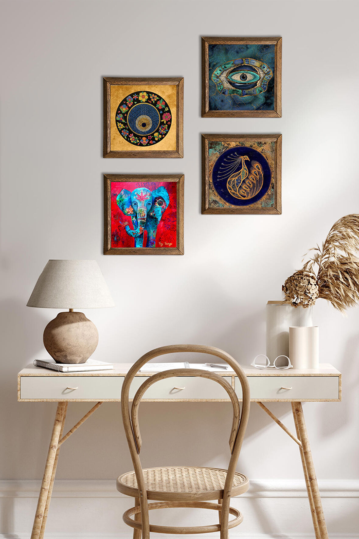 Fil, Tavus Kuşu, Nazar Taş Duvar Tablosu Ahşap Çerçeveli Duvar Dekoru 4 Parça Tablo Seti Wall Art