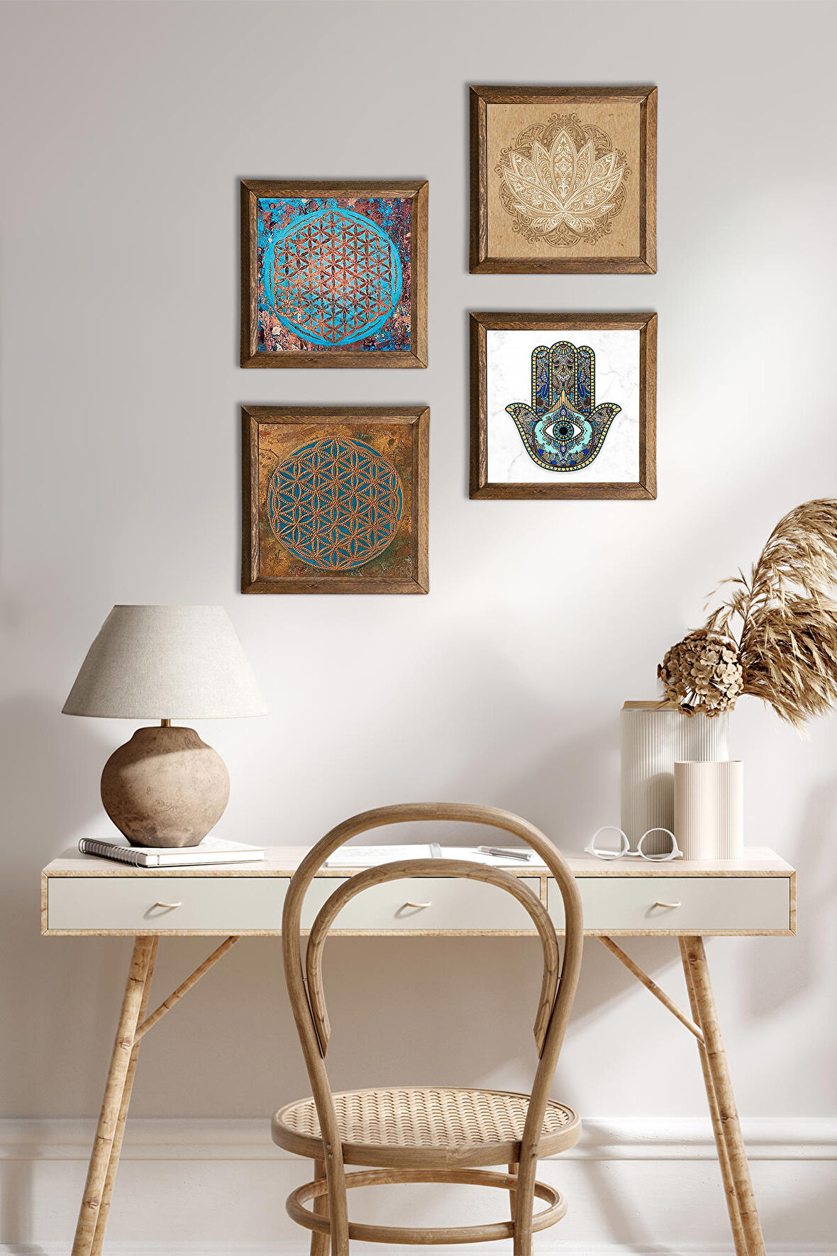 Yaşam Çiçeği, Lotus Çiçeği, Fatma Ana Eli (Hamsa) Taş Duvar Tablosu Ahşap Çerçeveli Duvar Dekoru 4 Parça Tablo Seti Wall Art
