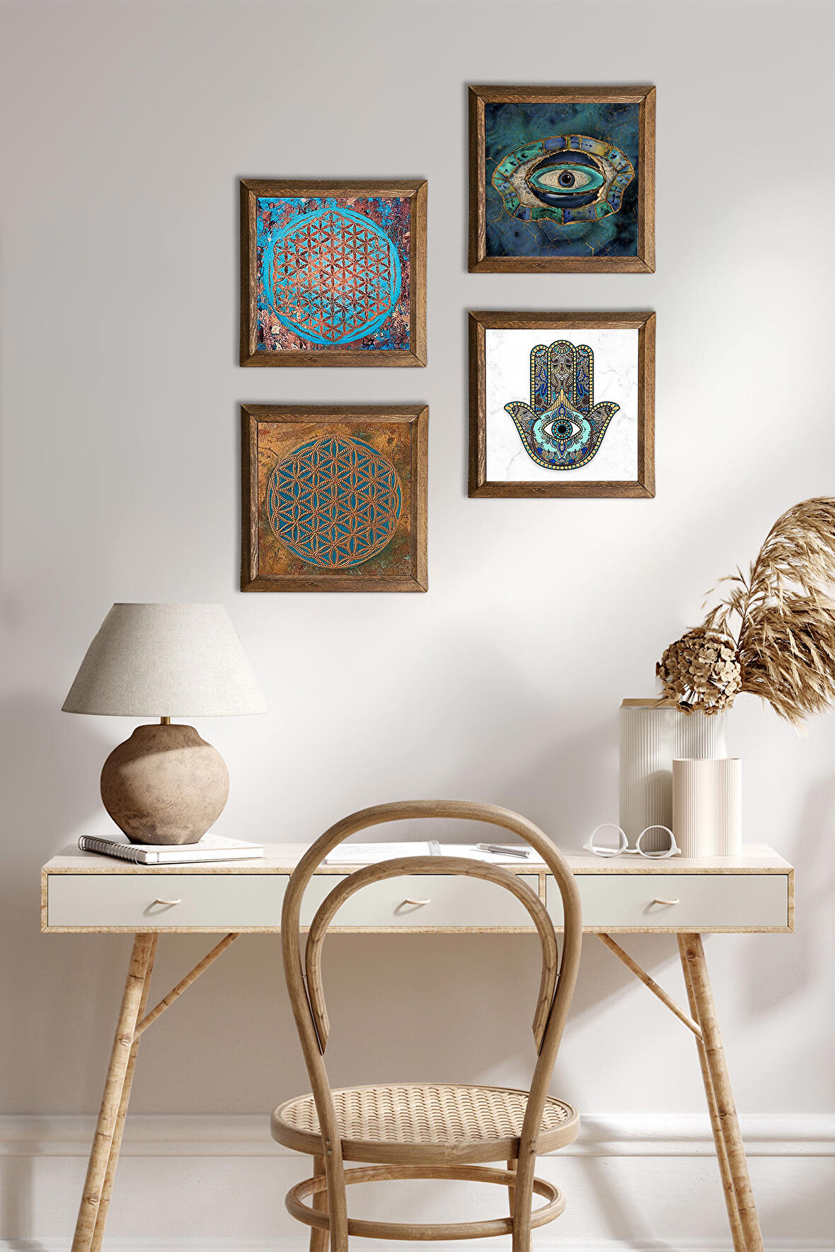 Nazar, Yaşam Çiçeği, Fatma Ana Eli (Hamsa) Taş Duvar Tablosu Ahşap Çerçeveli Duvar Dekoru 4 Parça Tablo Seti Wall Art