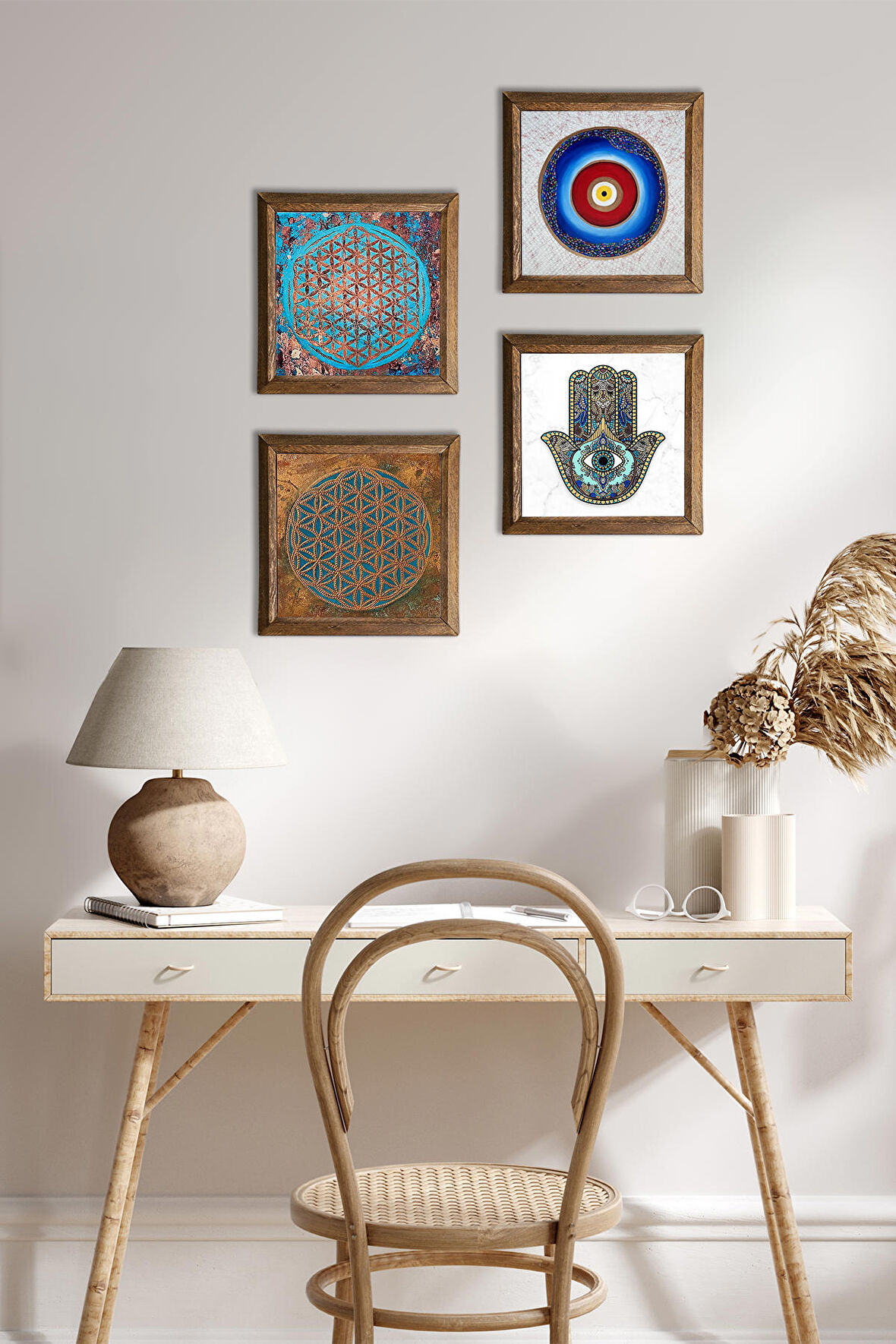 Nazar, Yaşam Çiçeği, Fatma Ana Eli (Hamsa) Taş Duvar Tablosu Ahşap Çerçeveli Duvar Dekoru 4 Parça Tablo Seti Wall Art