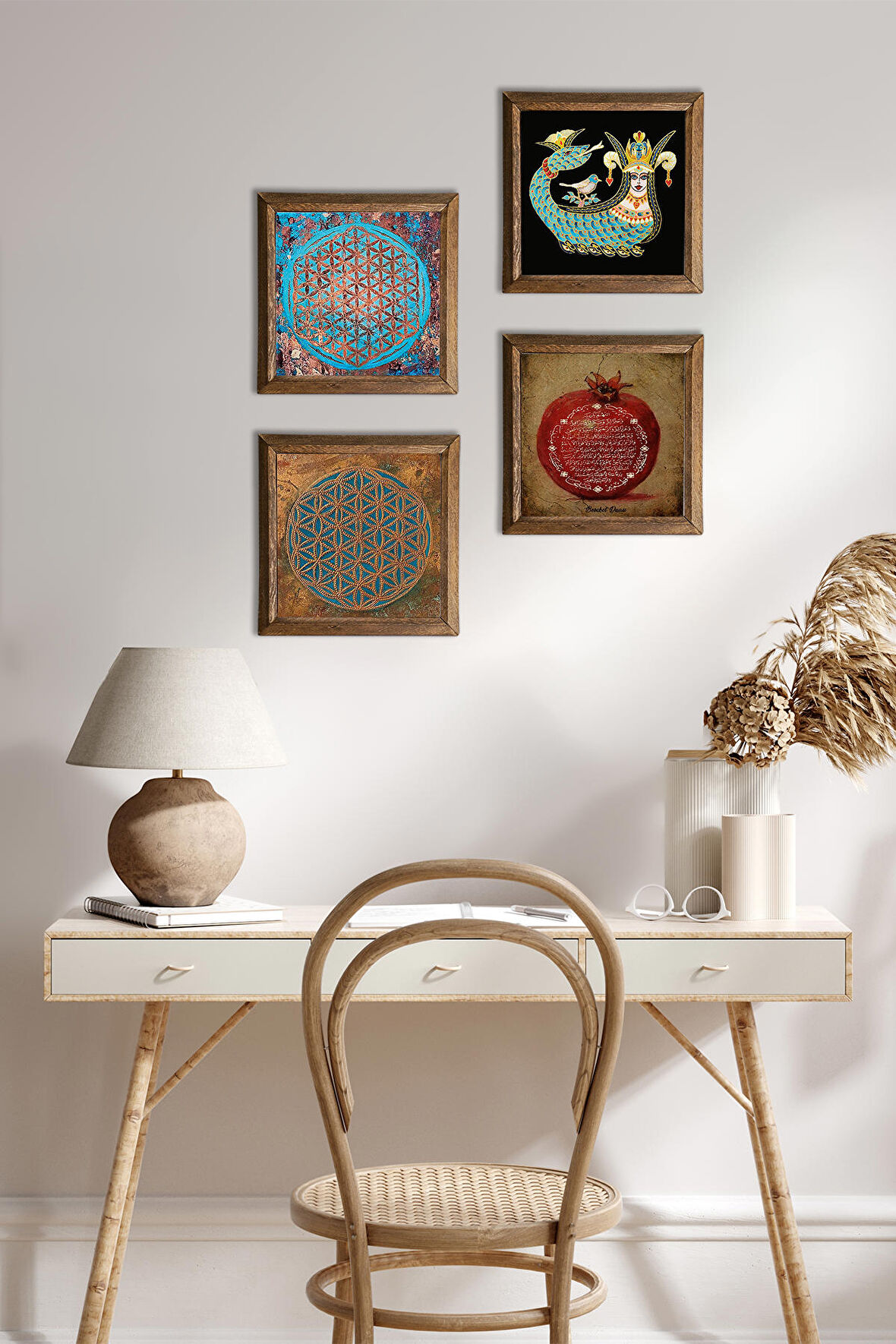 Yaşam Çiçeği, Bereket Duası, Şahmeran Taş Duvar Tablosu Ahşap Çerçeveli Duvar Dekoru 4 Parça Tablo Seti Wall Art