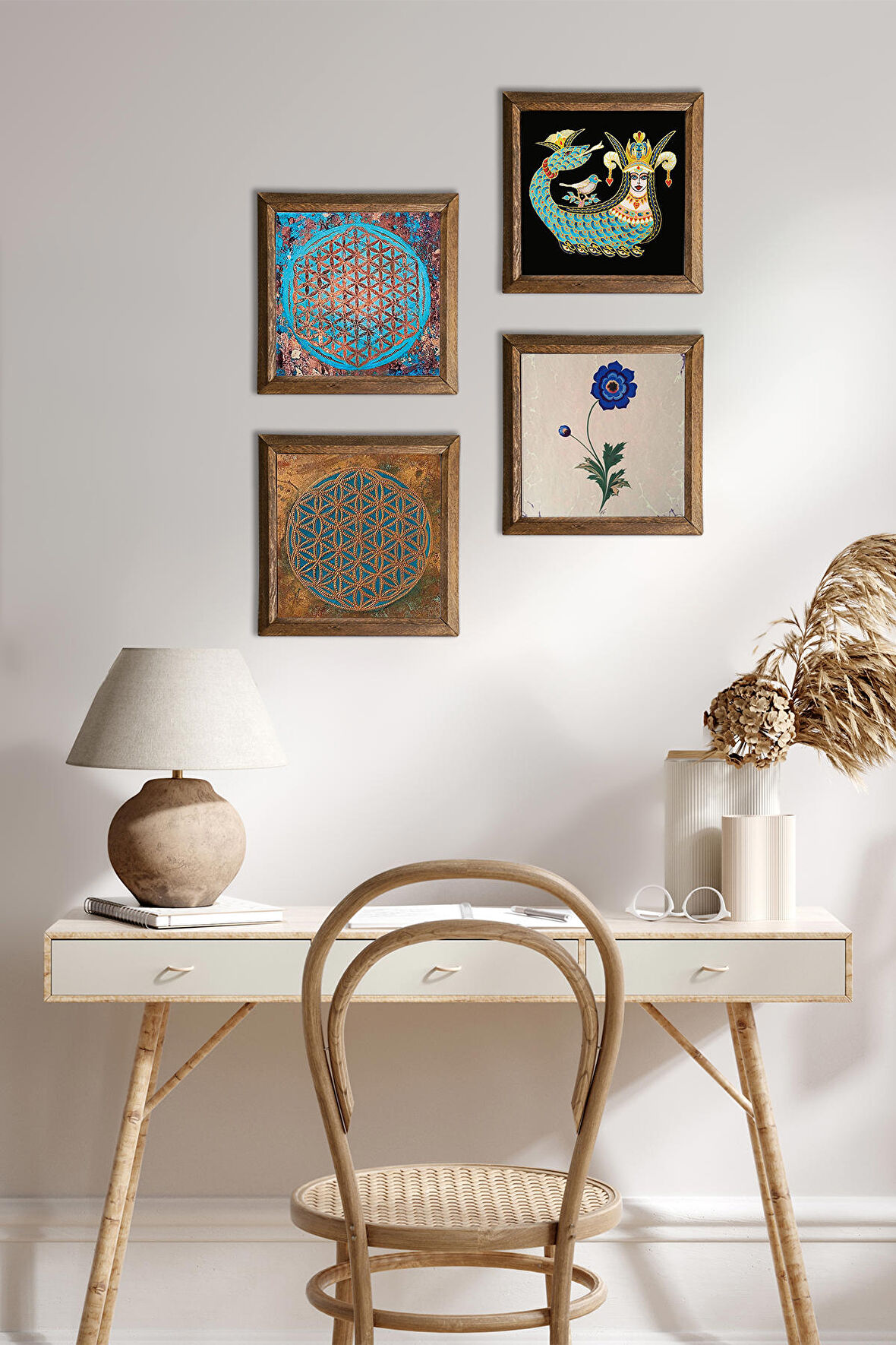 Yaşam Çiçeği, Ebru Sanatı, Şahmeran Taş Duvar Tablosu Ahşap Çerçeveli Duvar Dekoru 4 Parça Tablo Seti Wall Art