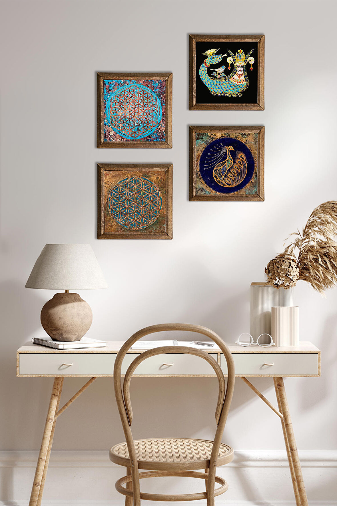 Yaşam Çiçeği, Tavus Kuşu, Şahmeran Taş Duvar Tablosu Ahşap Çerçeveli Duvar Dekoru 4 Parça Tablo Seti Wall Art