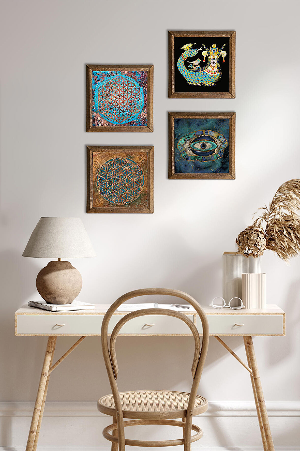 Nazar, Yaşam Çiçeği, Şahmeran Taş Duvar Tablosu Ahşap Çerçeveli Duvar Dekoru 4 Parça Tablo Seti Wall Art