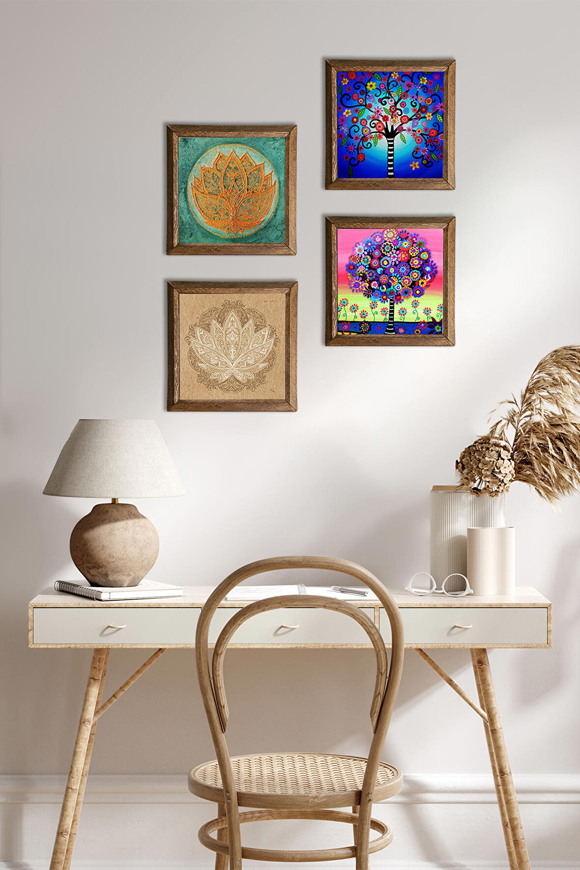 Lotus Çiçeği, Hayat Ağacı Taş Duvar Tablosu Ahşap Çerçeveli Duvar Dekoru 4 Parça Tablo Seti Wall Art