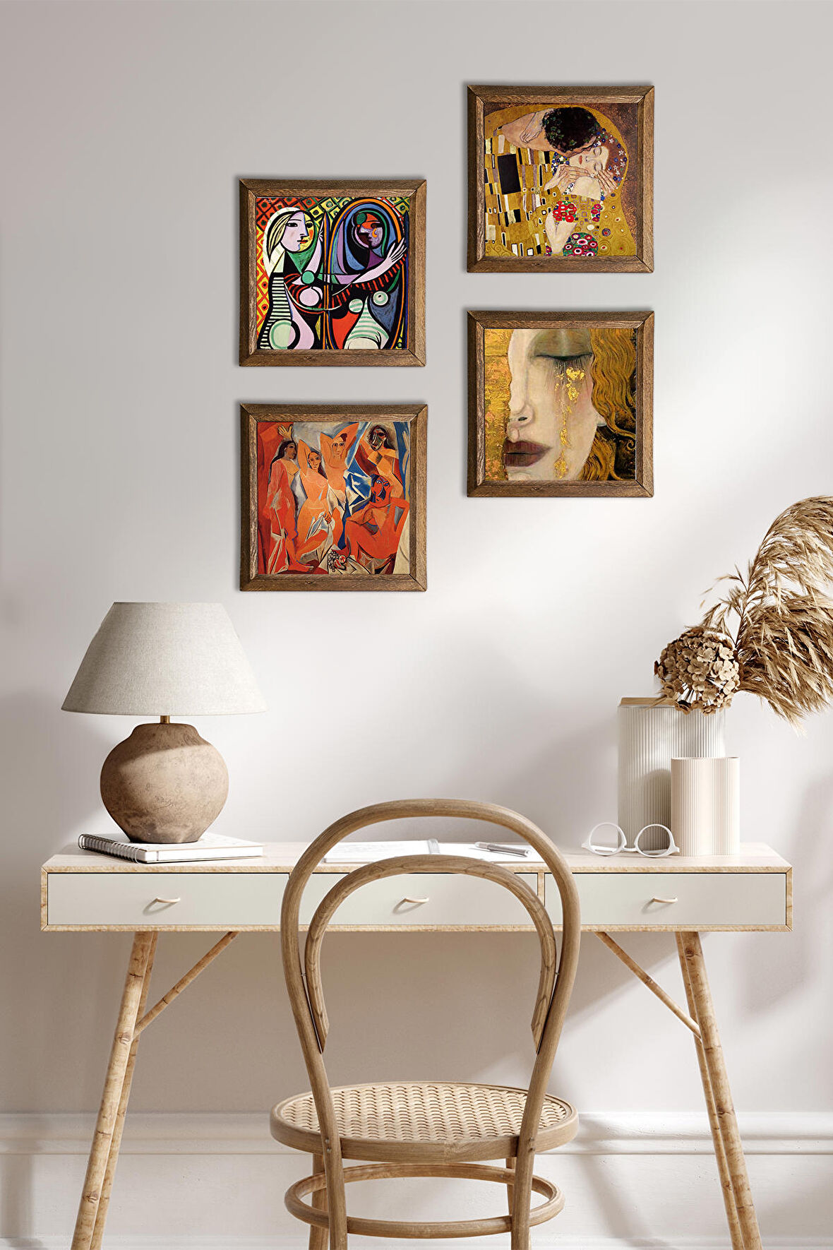 Picasso, Gustav Klimt Taş Duvar Tablosu Ahşap Çerçeveli Duvar Dekoru 4 Parça Tablo Seti Wall Art
