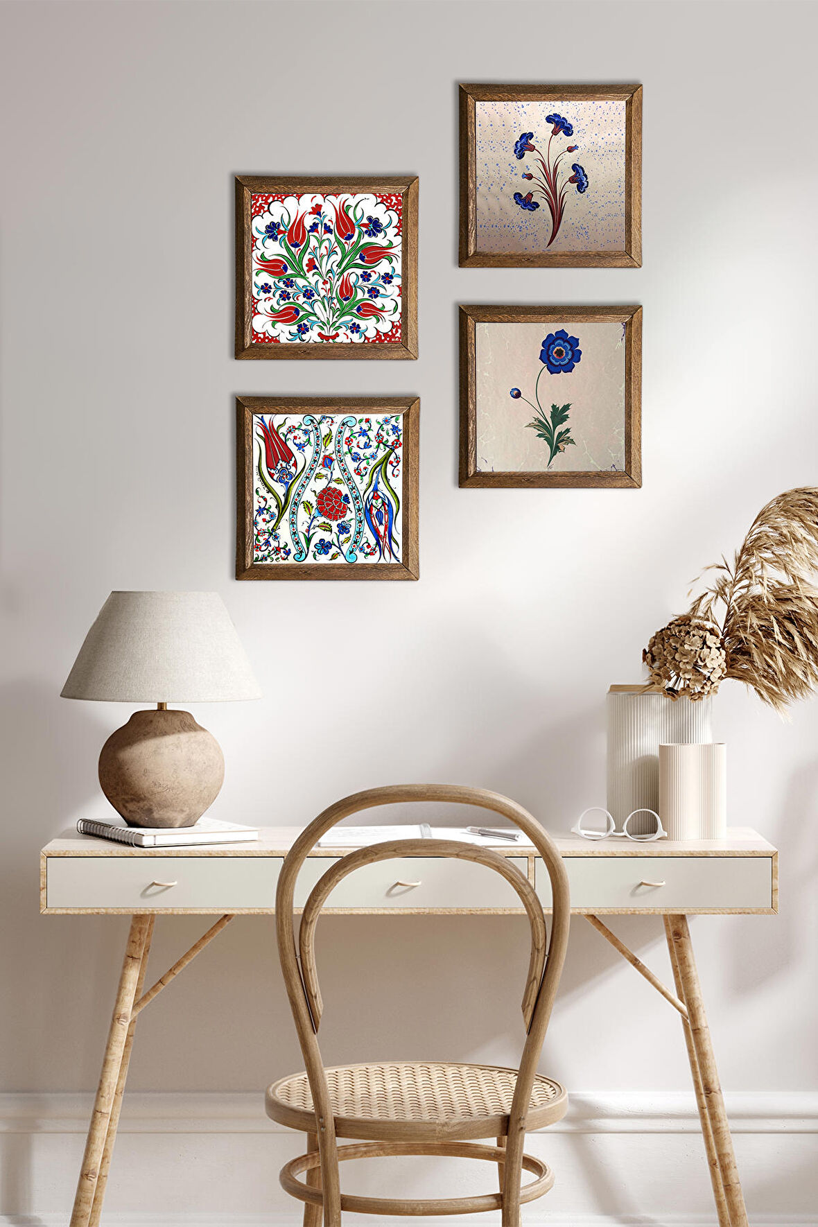 Lale, Ebru Sanatı Taş Duvar Tablosu Ahşap Çerçeveli Duvar Dekoru 4 Parça Tablo Seti Wall Art