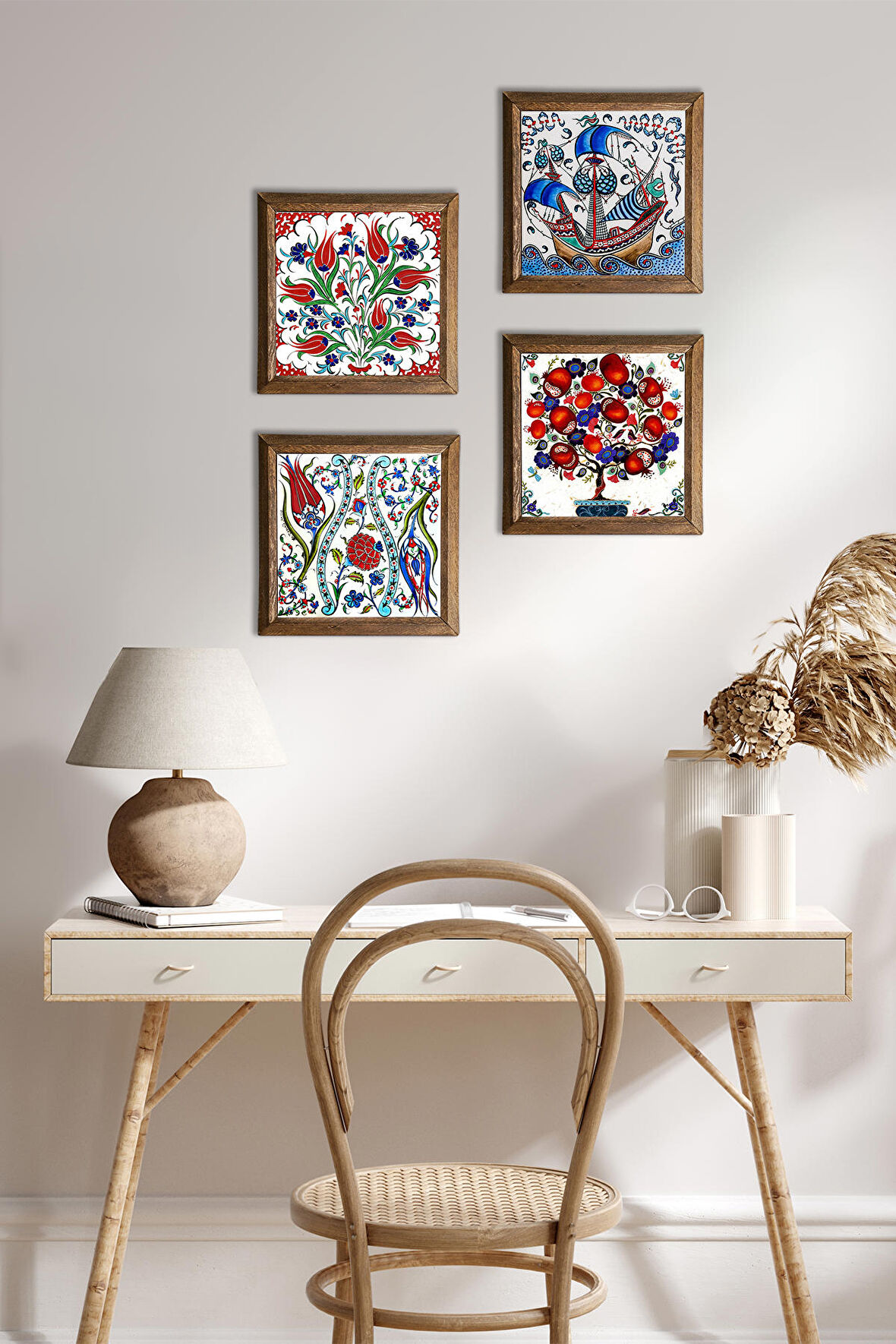 Çini Sanatı Yelkenli Gemi, Lale, Nar Ağacı Taş Duvar Tablosu Ahşap Çerçeveli Duvar Dekoru 4 Parça Tablo Seti Wall Art