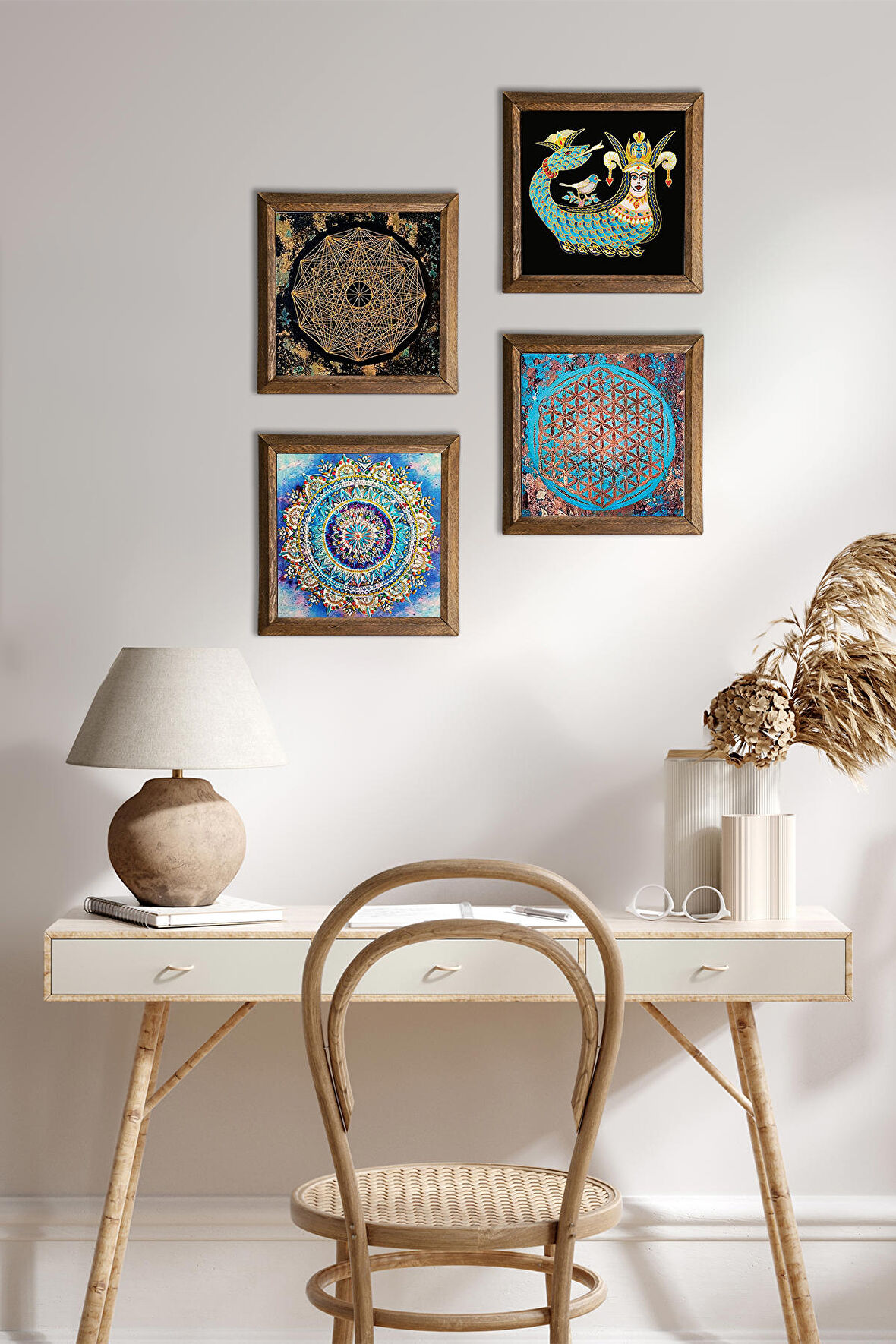 Mandala, Sri Yantra, Yaşam Çiçeği, Şahmeran Taş Duvar Tablosu Ahşap Çerçeveli Duvar Dekoru 4 Parça Tablo Seti Wall Art