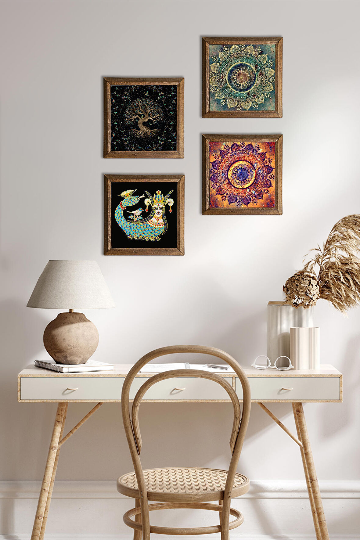 Mandala, Hayat Ağacı, Şahmeran Taş Duvar Tablosu Ahşap Çerçeveli Duvar Dekoru 4 Parça Tablo Seti Wall Art