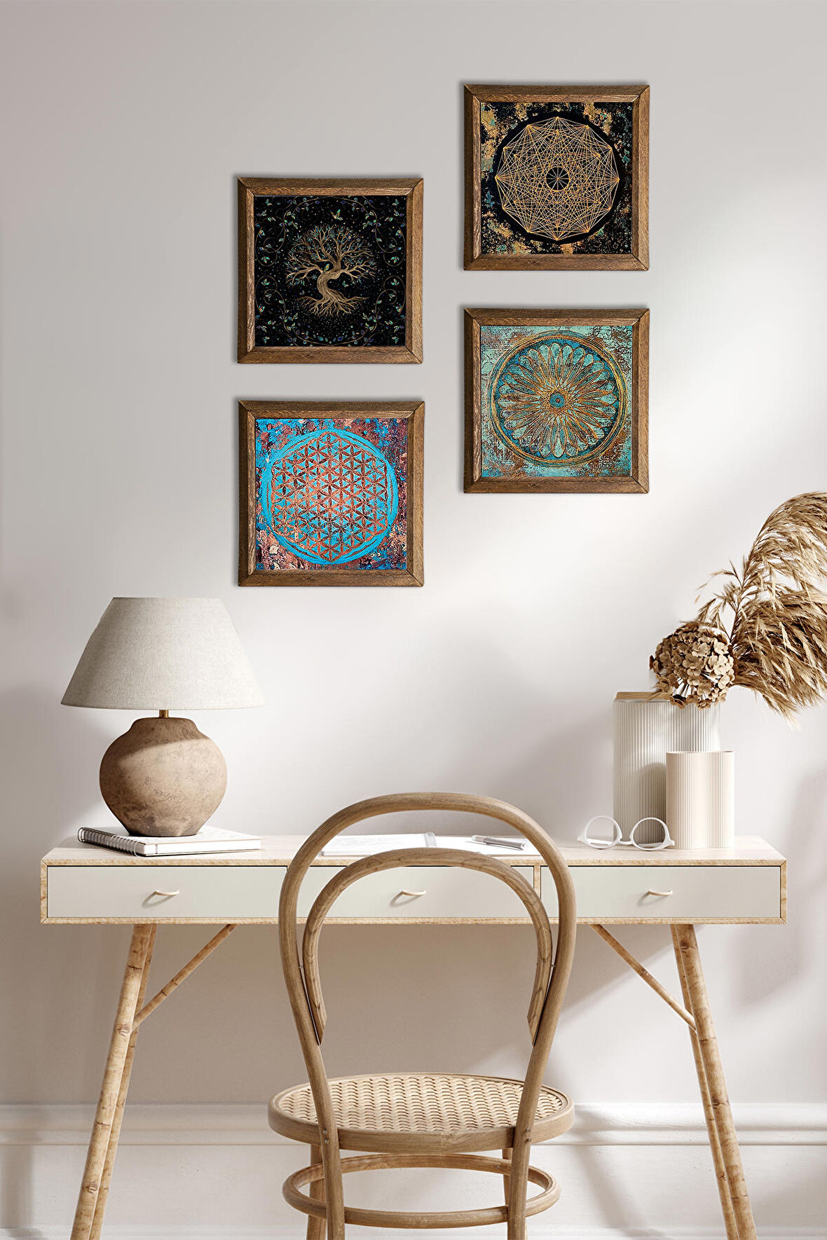 Sri Yantra, Yaşam Çiçeği, Hayat Ağacı Taş Duvar Tablosu Ahşap Çerçeveli Duvar Dekoru 4 Parça Tablo Seti Wall Art