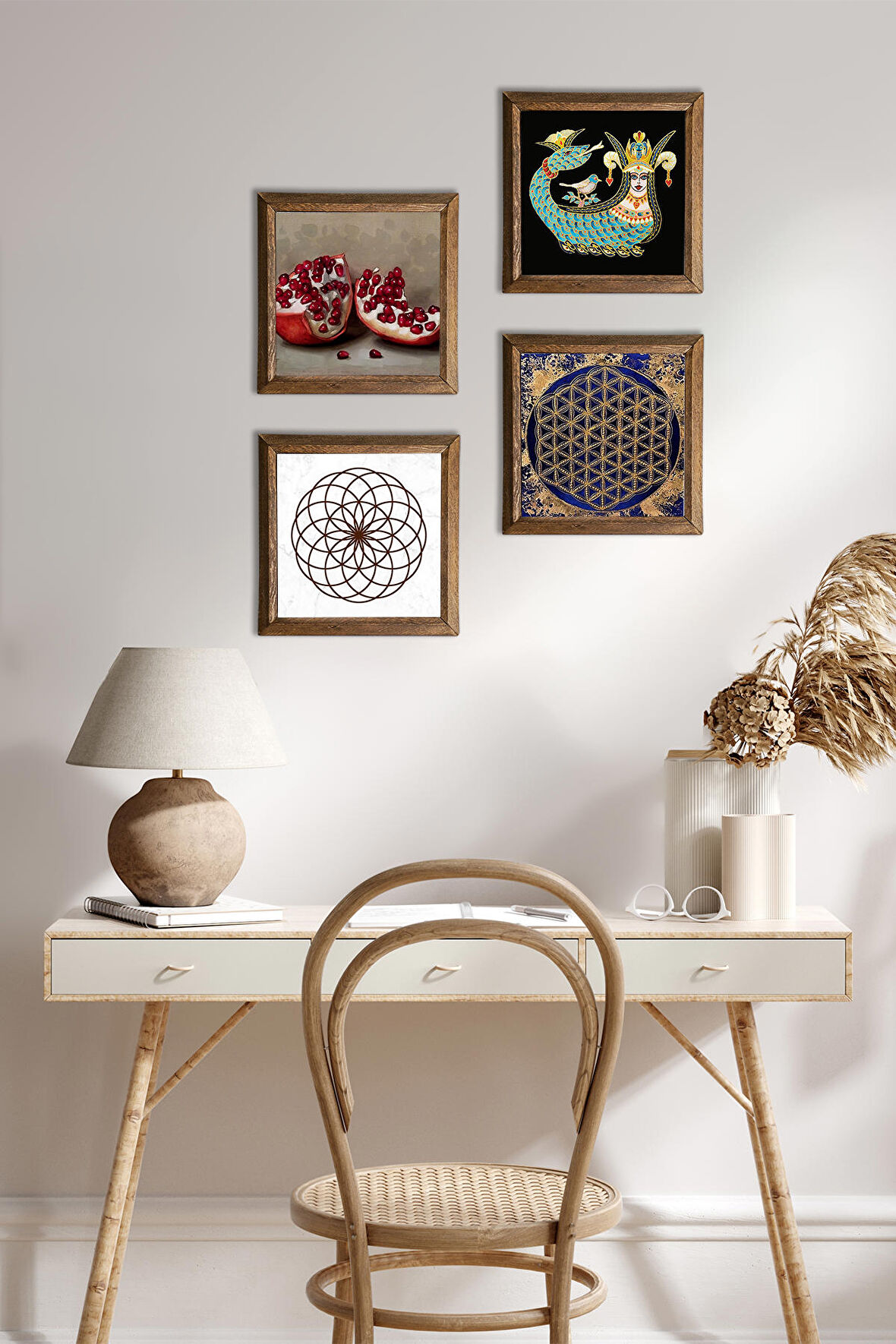 Yaşam Çiçeği, Şahmeran, Nar Taş Duvar Tablosu Ahşap Çerçeveli Duvar Dekoru 4 Parça Tablo Seti Wall Art