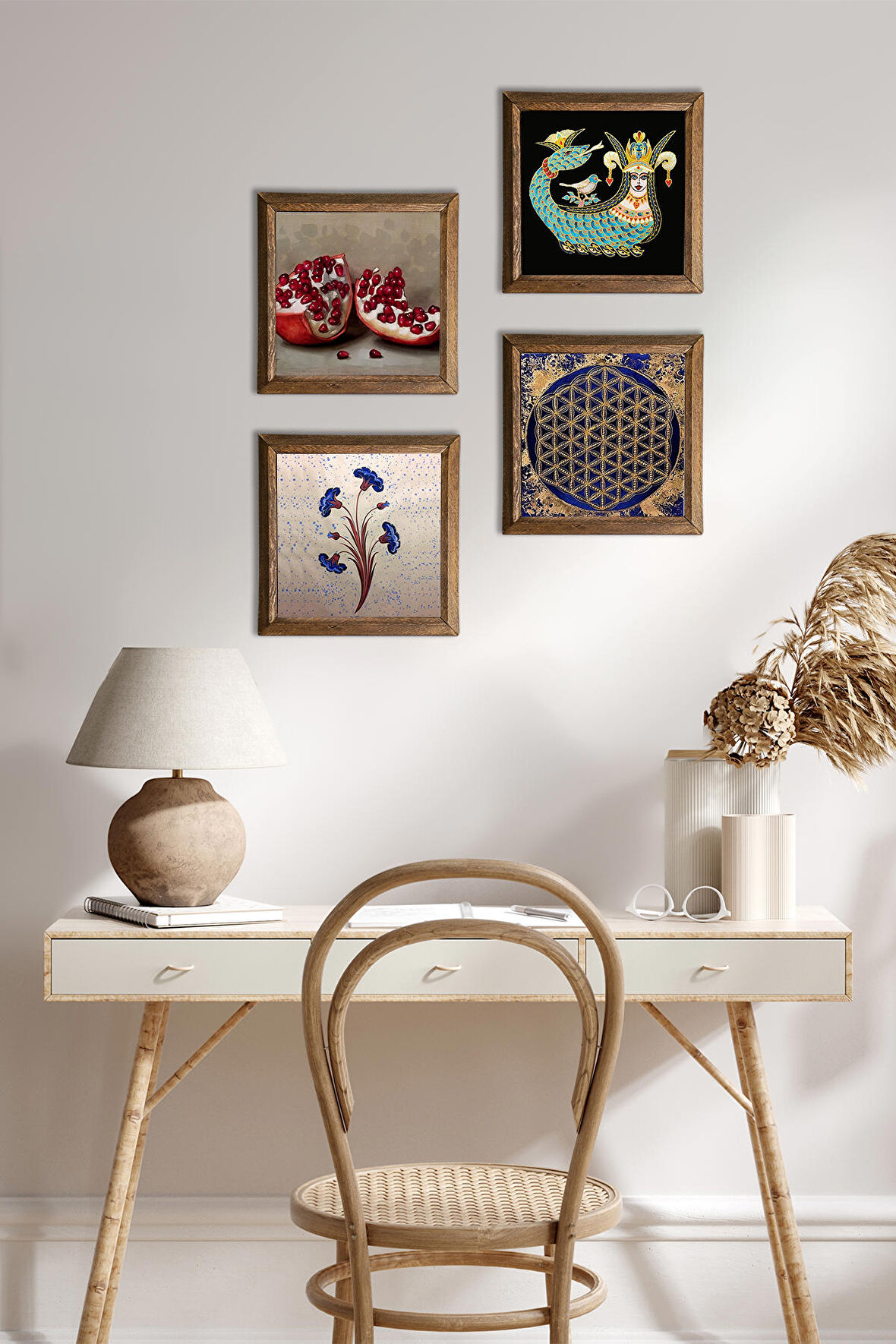 Ebru Sanatı, Yaşam Çiçeği, Şahmeran, Nar Taş Duvar Tablosu Ahşap Çerçeveli Duvar Dekoru 4 Parça Tablo Seti Wall Art