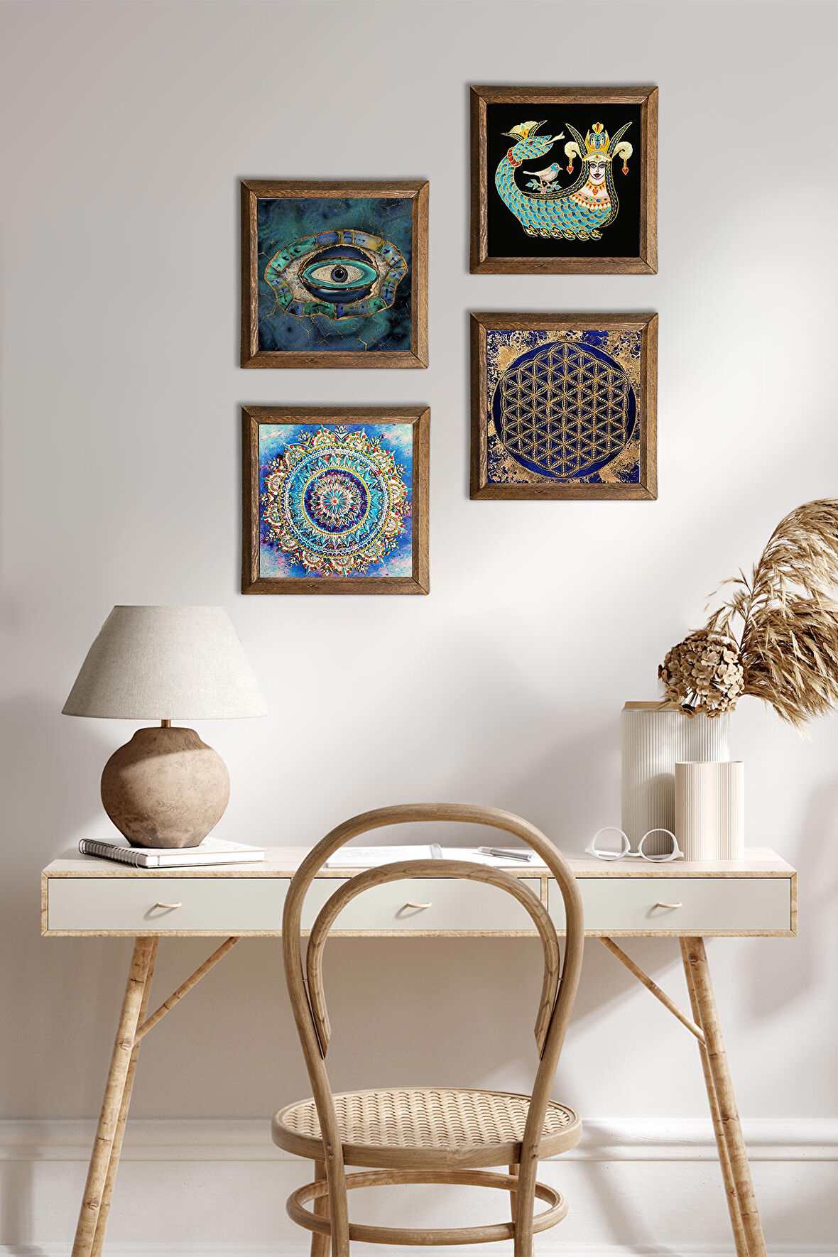 Mandala, Nazar, Yaşam Çiçeği, Şahmeran Taş Duvar Tablosu Ahşap Çerçeveli Duvar Dekoru 4 Parça Tablo Seti Wall Art
