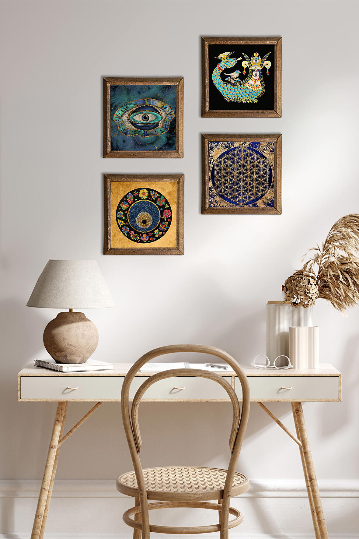 Yaşam Çiçeği, Nazar, Şahmeran Taş Duvar Tablosu Ahşap Çerçeveli Duvar Dekoru 4 Parça Tablo Seti Wall Art