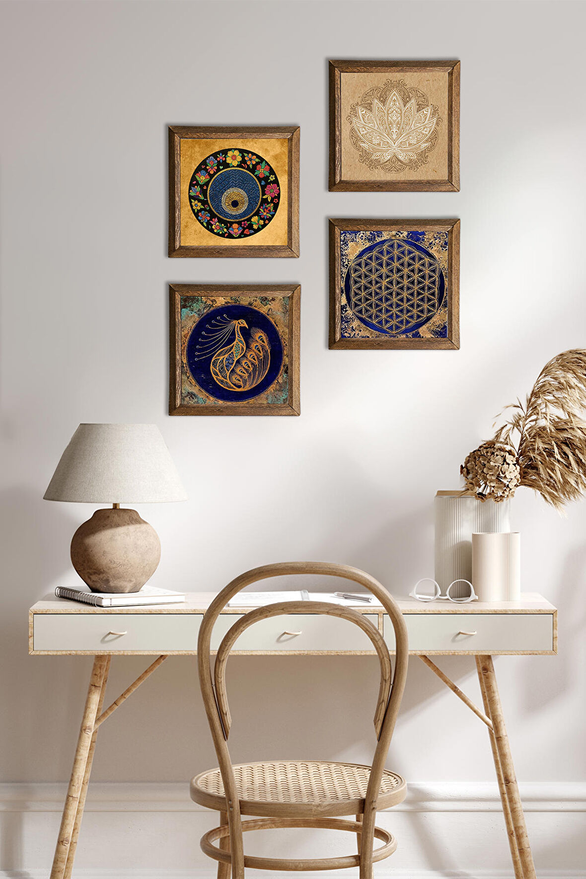 Tavus Kuşu, Lotus Çiçeği, Yaşam Çiçeği, Nazar Taş Duvar Tablosu Ahşap Çerçeveli Duvar Dekoru 4 Parça Tablo Seti Wall Art