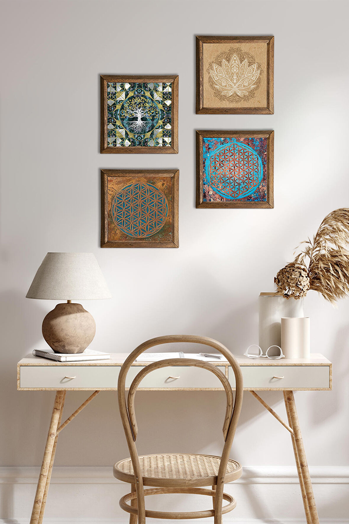 Hayat Ağacı, Yaşam Çiçeği, Lotus Çiçeği Taş Duvar Tablosu Ahşap Çerçeveli Duvar Dekoru 4 Parça Tablo Seti Wall Art