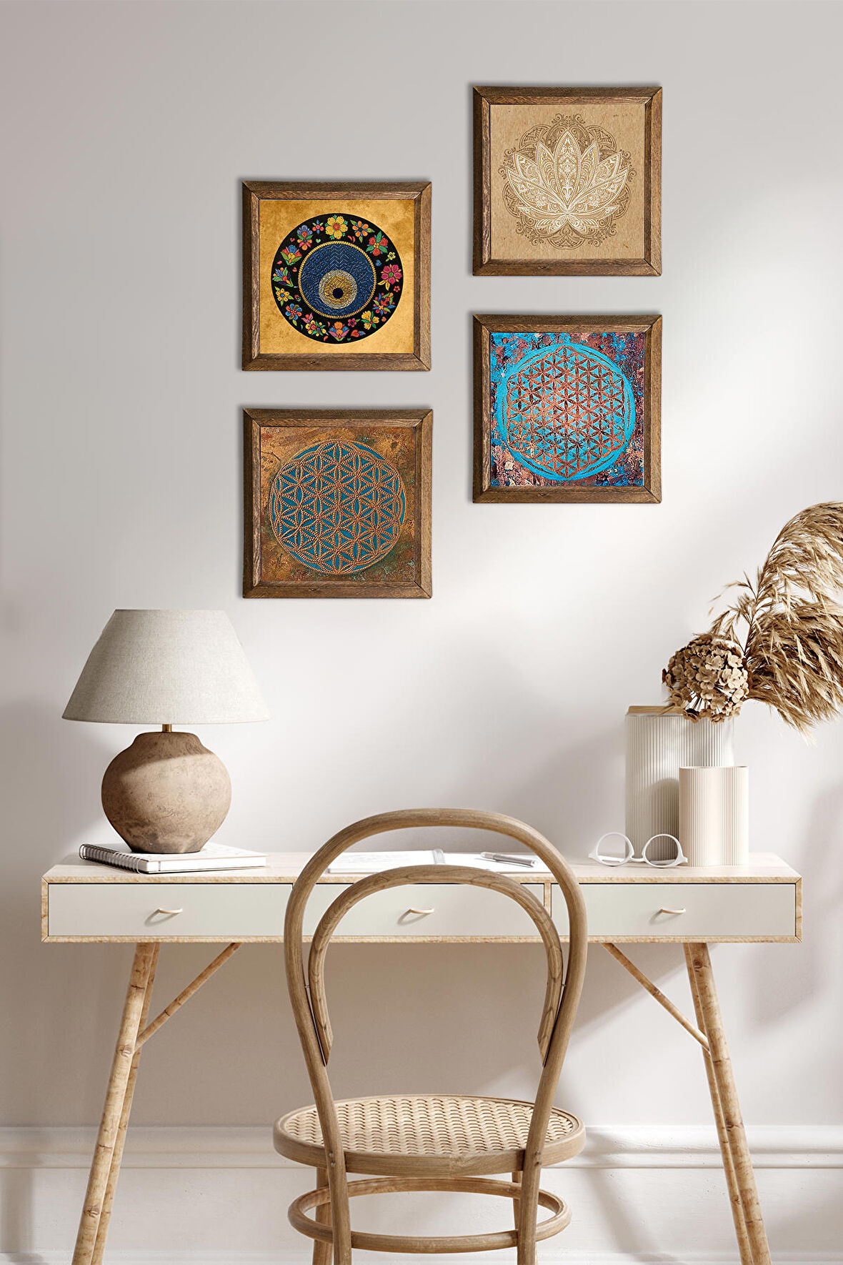 Yaşam Çiçeği, Lotus Çiçeği, Nazar Taş Duvar Tablosu Ahşap Çerçeveli Duvar Dekoru 4 Parça Tablo Seti Wall Art