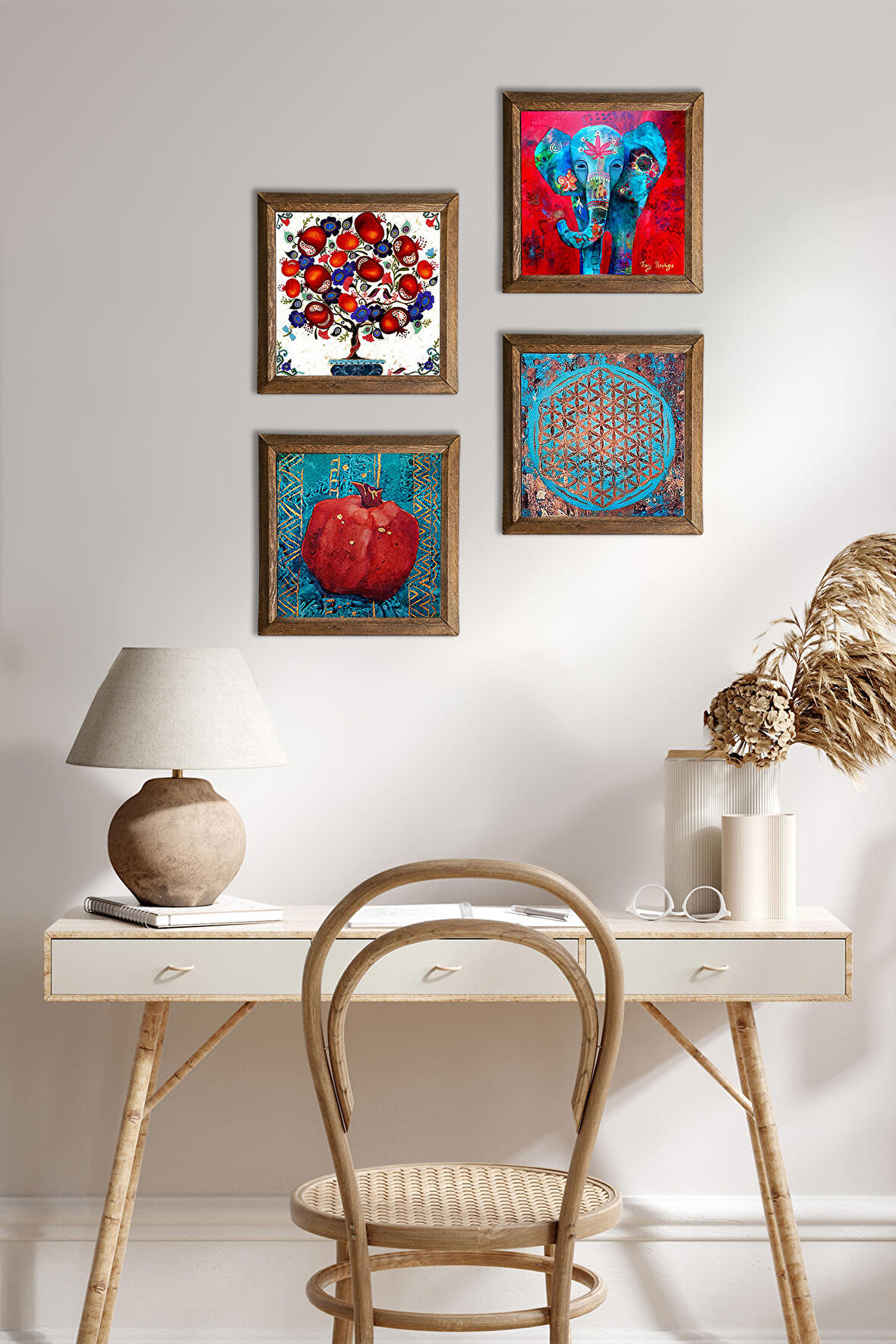 Fil, Yaşam Çiçeği, Nar Ağacı, Nar Taş Duvar Tablosu Ahşap Çerçeveli Duvar Dekoru 4 Parça Tablo Seti Wall Art