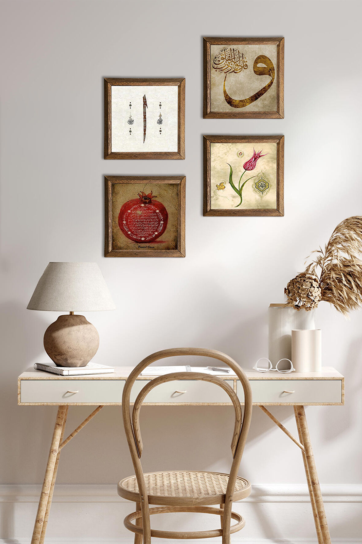 Lale, Vav, Elif, Bereket Duası Taş Duvar Tablosu Ahşap Çerçeveli Duvar Dekoru 4 Parça Tablo Seti Wall Art