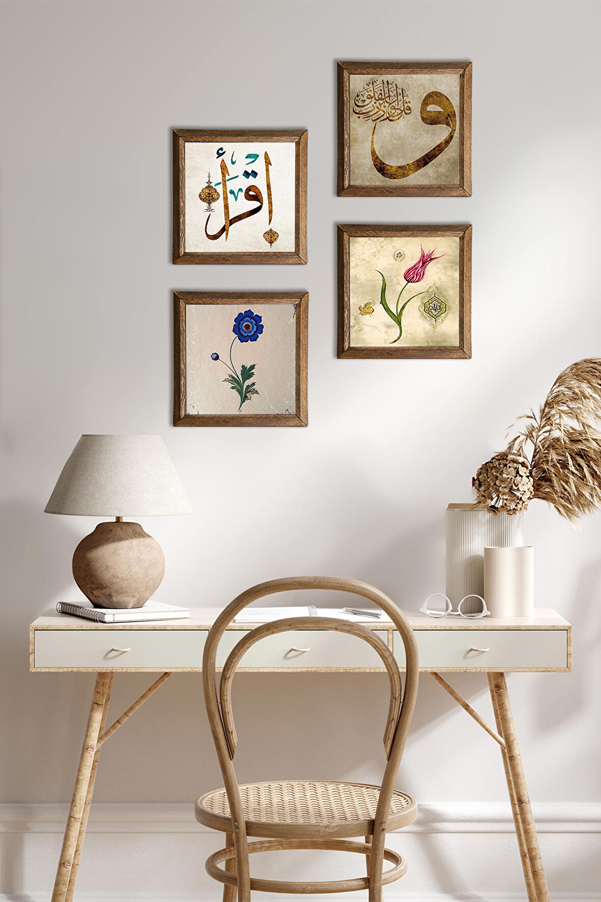 Ebru Sanatı, Lale, Vav, İlk Ayet 'Oku' Taş Duvar Tablosu Ahşap Çerçeveli Duvar Dekoru 4 Parça Tablo Seti Wall Art