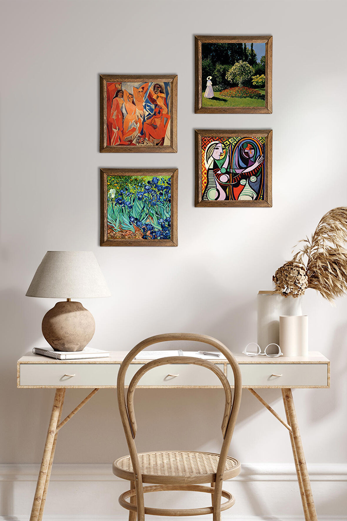 Picasso, Claude Monet, Van Gogh Taş Duvar Tablosu Ahşap Çerçeveli Duvar Dekoru 4 Parça Tablo Seti Wall Art