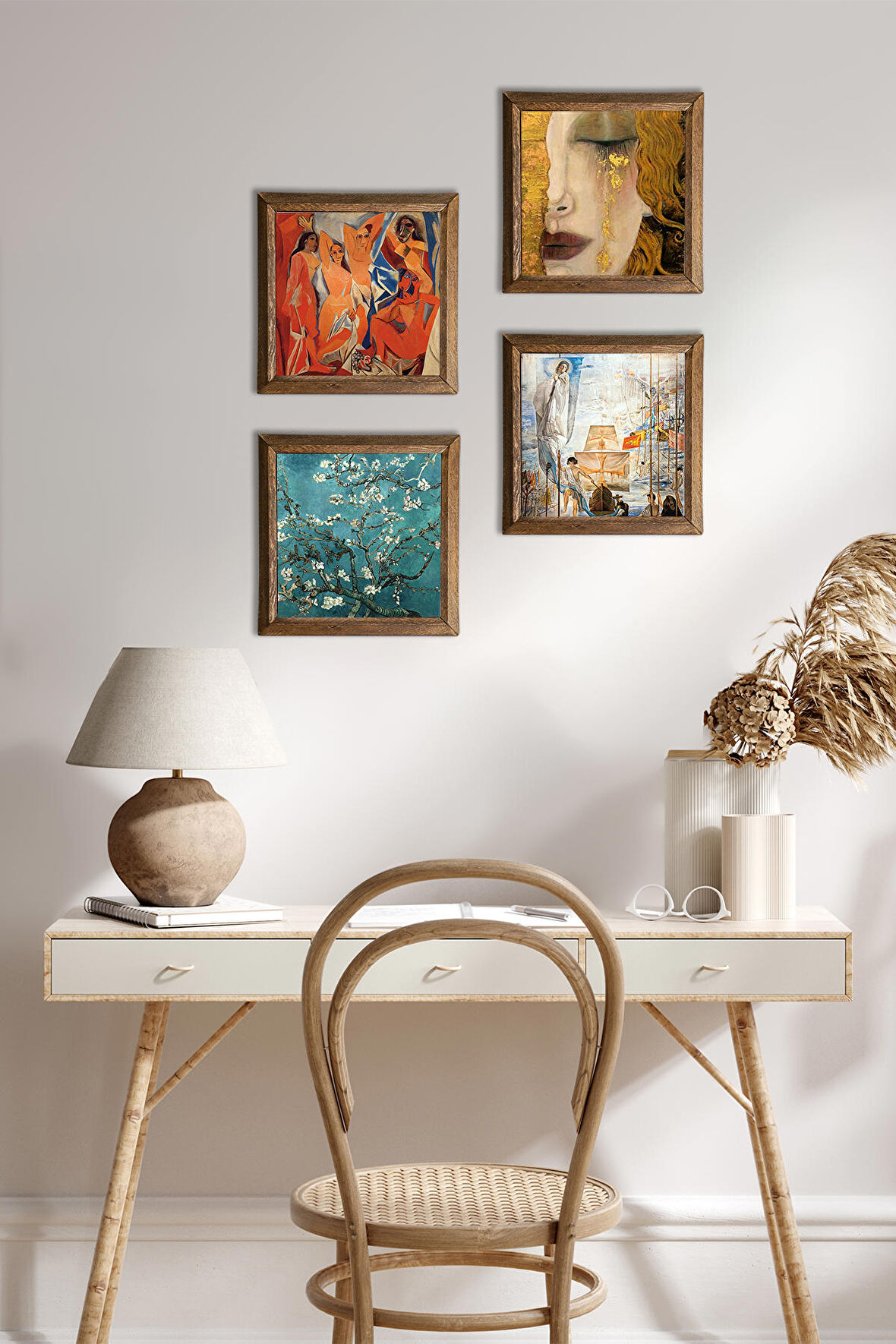 Salvador Dalí, Picasso, Van Gogh, Gustav Klimt Taş Duvar Tablosu Ahşap Çerçeveli Duvar Dekoru 4 Parça Tablo Seti Wall Art