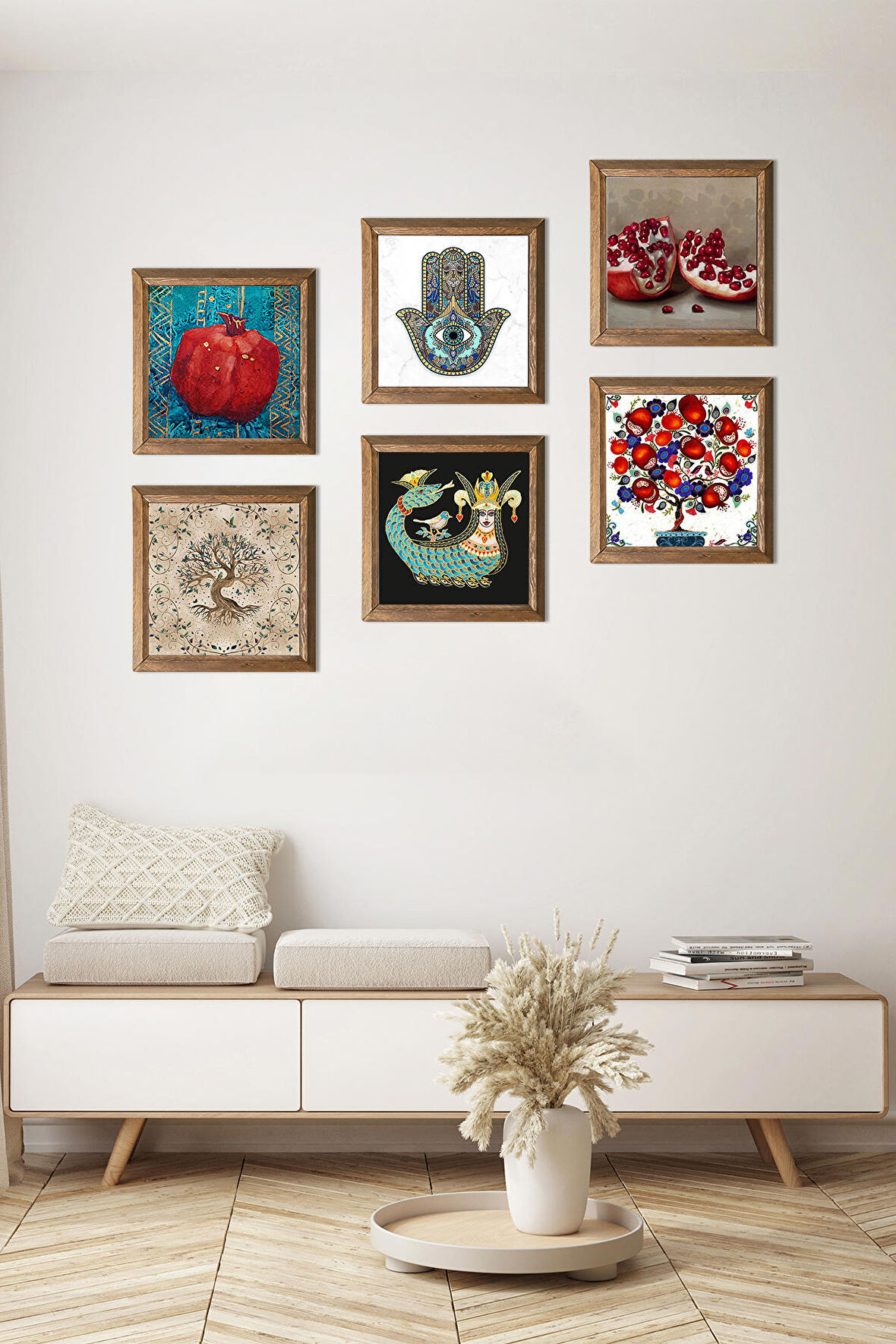 Şahmeran, Hayat Ağacı, Nar Ağacı, Nar, Fatma Ana Eli (Hamsa) Taş Duvar Tablosu Ahşap Çerçeveli Duvar Dekoru 6 Parça Tablo Seti Wall Art