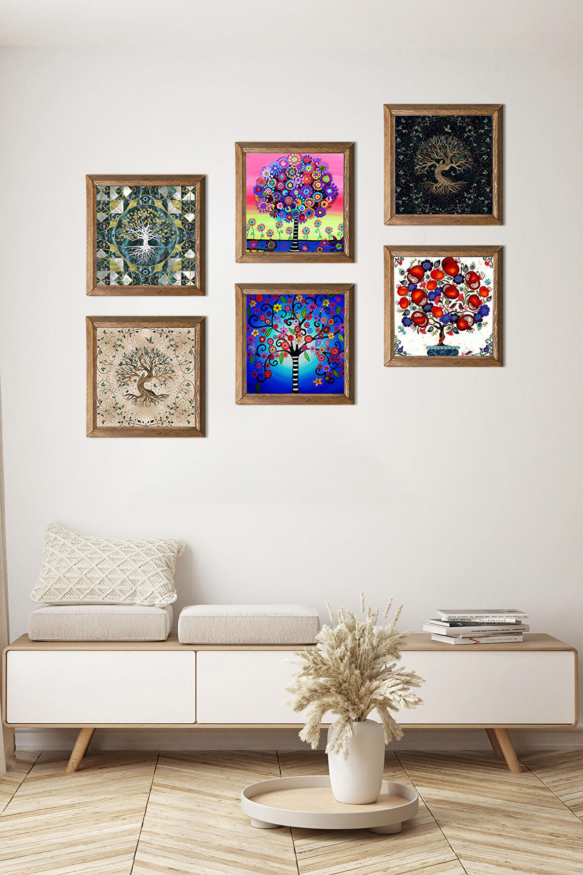 Hayat Ağacı, Nar Ağacı Taş Duvar Tablosu Ahşap Çerçeveli Duvar Dekoru 6 Parça Tablo Seti Wall Art