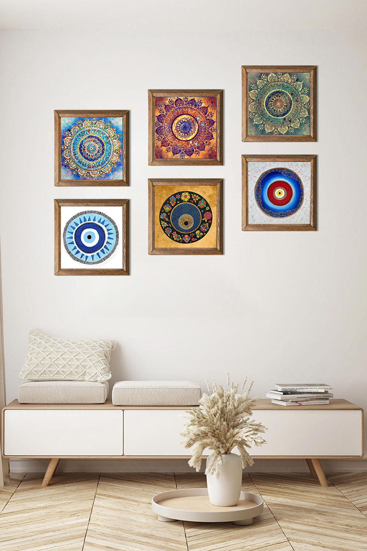 Mandala, Nazar Taş Duvar Tablosu Ahşap Çerçeveli Duvar Dekoru 6 Parça Tablo Seti Wall Art