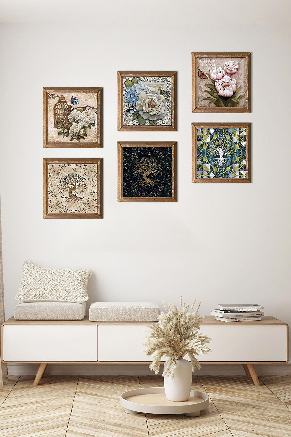 Kelebekli Çiçek, Hayat Ağacı Taş Duvar Tablosu Ahşap Çerçeveli Duvar Dekoru 6 Parça Tablo Seti Wall Art