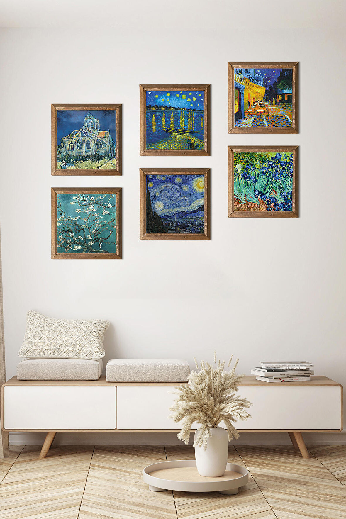 Van Gogh Taş Duvar Tablosu Ahşap Çerçeveli Duvar Dekoru 6 Parça Tablo Seti Wall Art