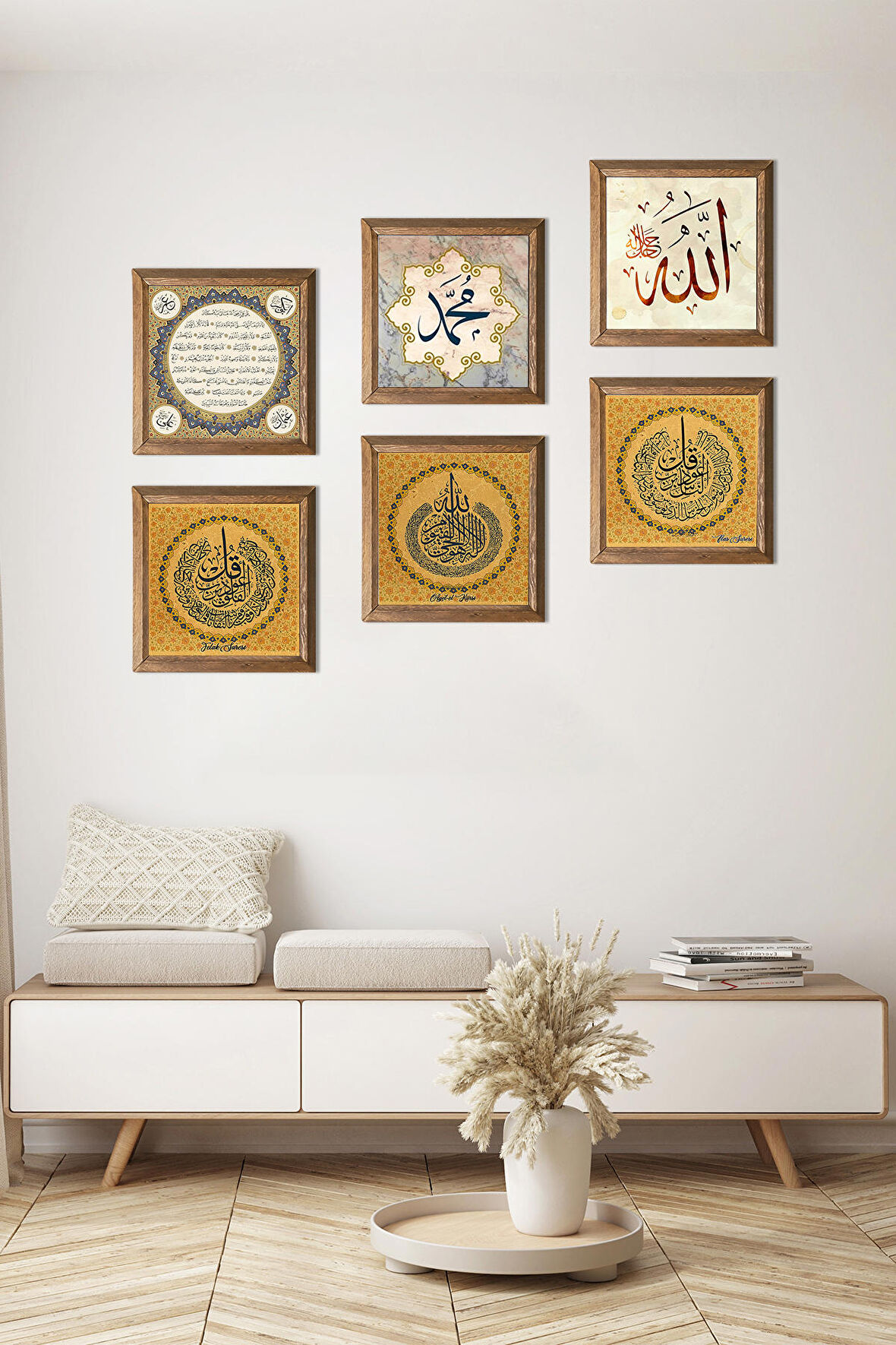 İslami Taş Duvar Tablosu Ahşap Çerçeveli Duvar Dekoru 6 Parça Tablo Seti Wall Art