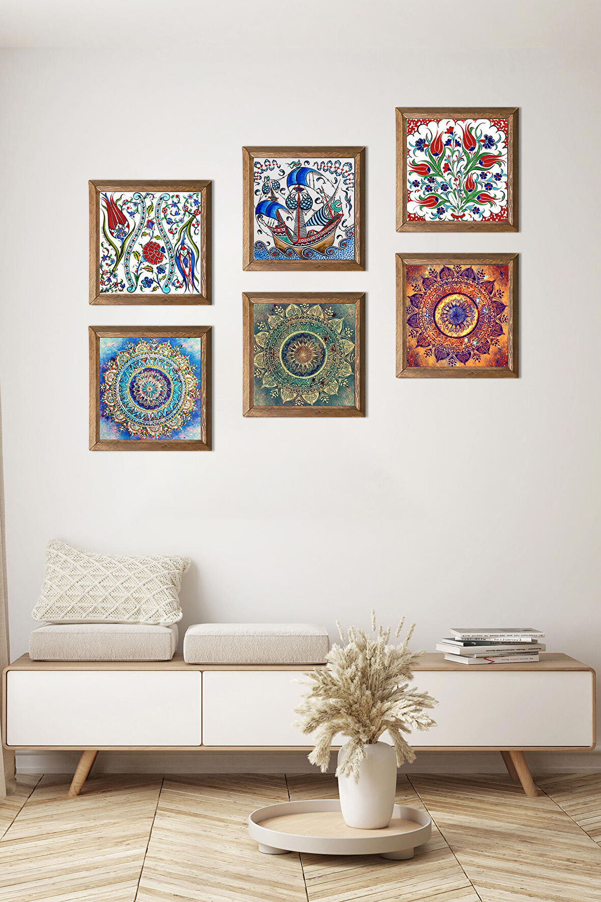 Mandala, Çini Sanatı Yelkenli Gemi, Lale Taş Duvar Tablosu Ahşap Çerçeveli Duvar Dekoru 6 Parça Tablo Seti Wall Art
