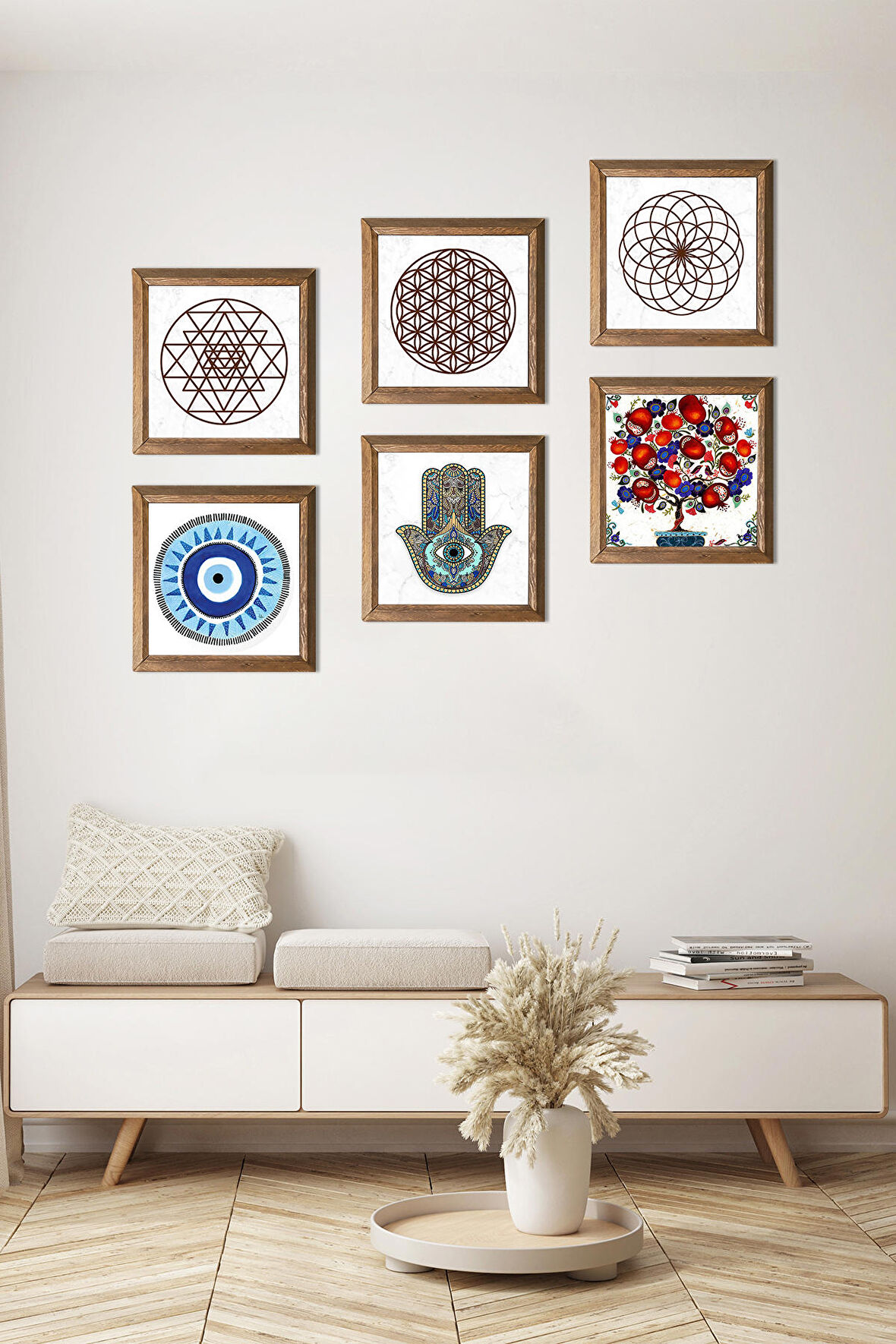 Nazar, Yaşam Çiçeği, Sri Yantra, Nar Ağacı, Fatma Ana Eli (Hamsa) Taş Duvar Tablosu Ahşap Çerçeveli Duvar Dekoru 6 Parça Tablo Seti Wall Art