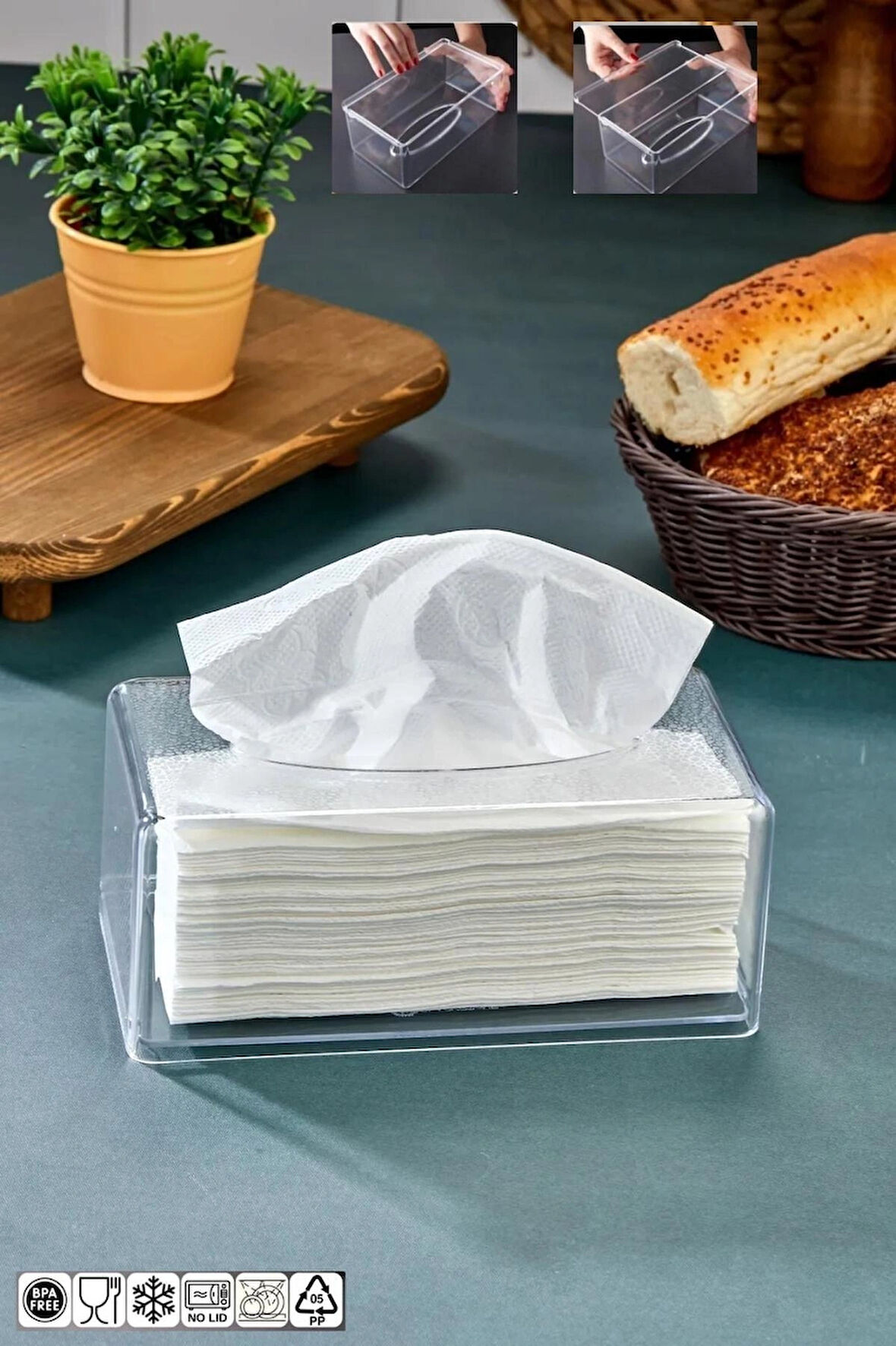 EVROYA HOME Dikdörtgen Akrilik Şeffaf Peçetelik - Peçete Düzenleyici Z Peçete Uyumlu Peçete Kutusu