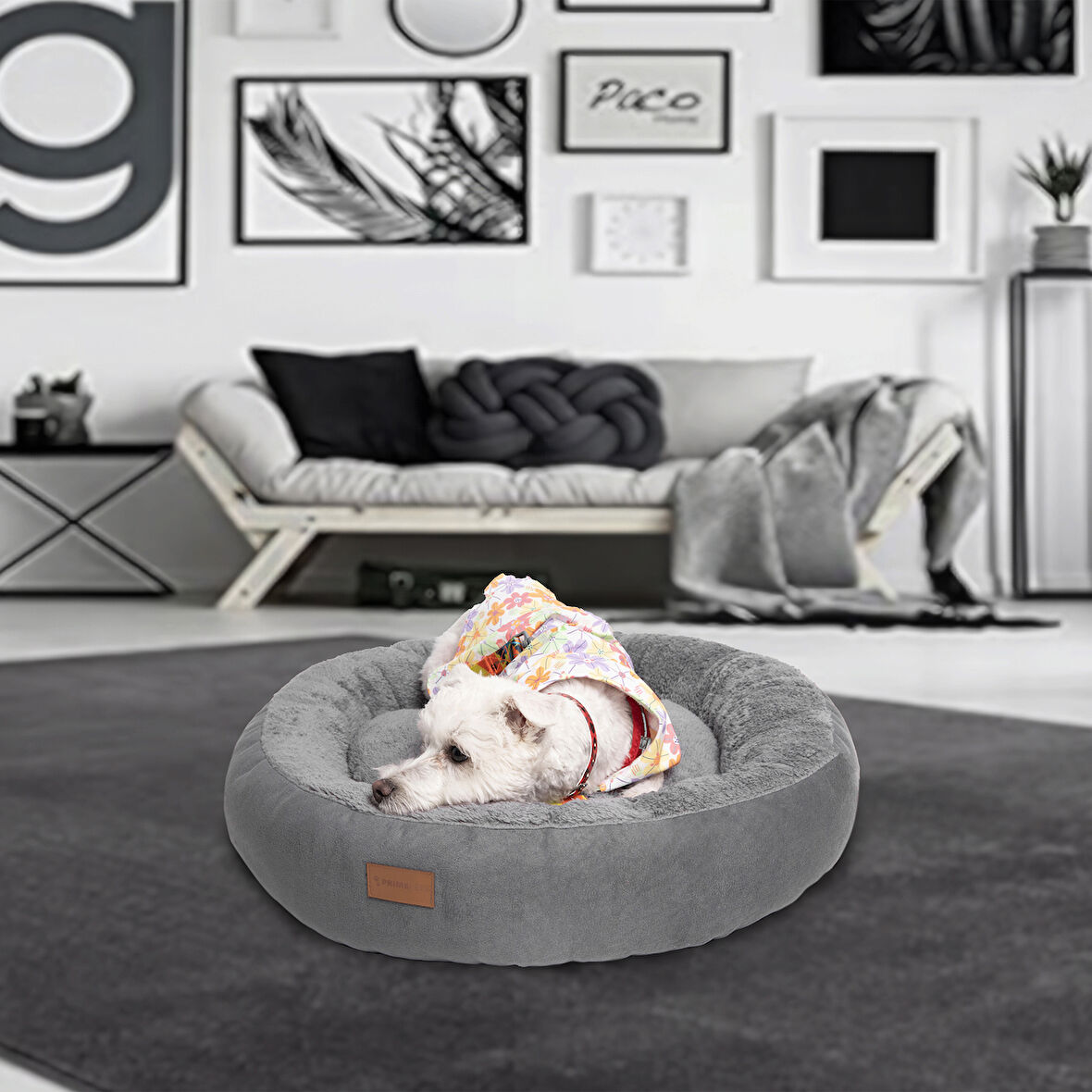 Peluş Minderli Küçük ve Orta Irk Kedi Köpek Yatağı 62x65 cm - Gri