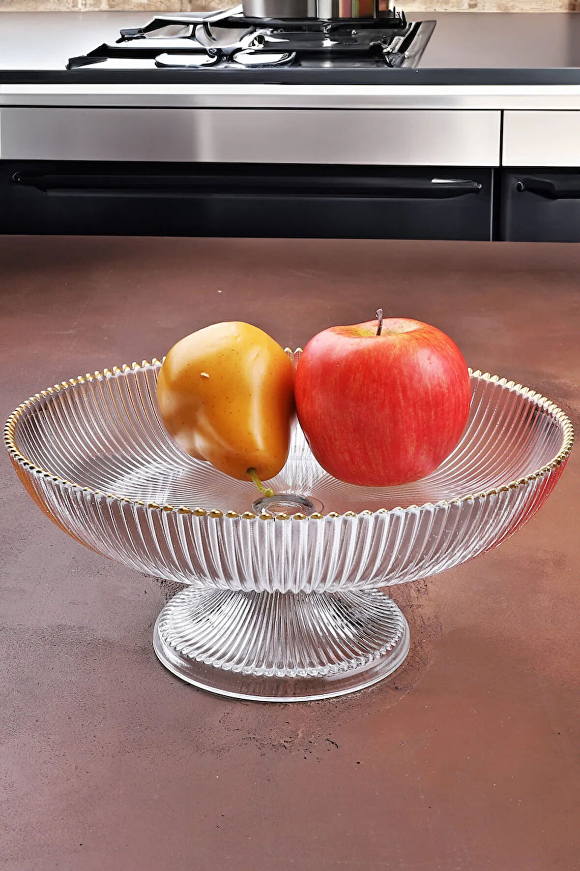Cam Ayaklı Gold Şeritli Cam Meyvelik 24,5 Cm