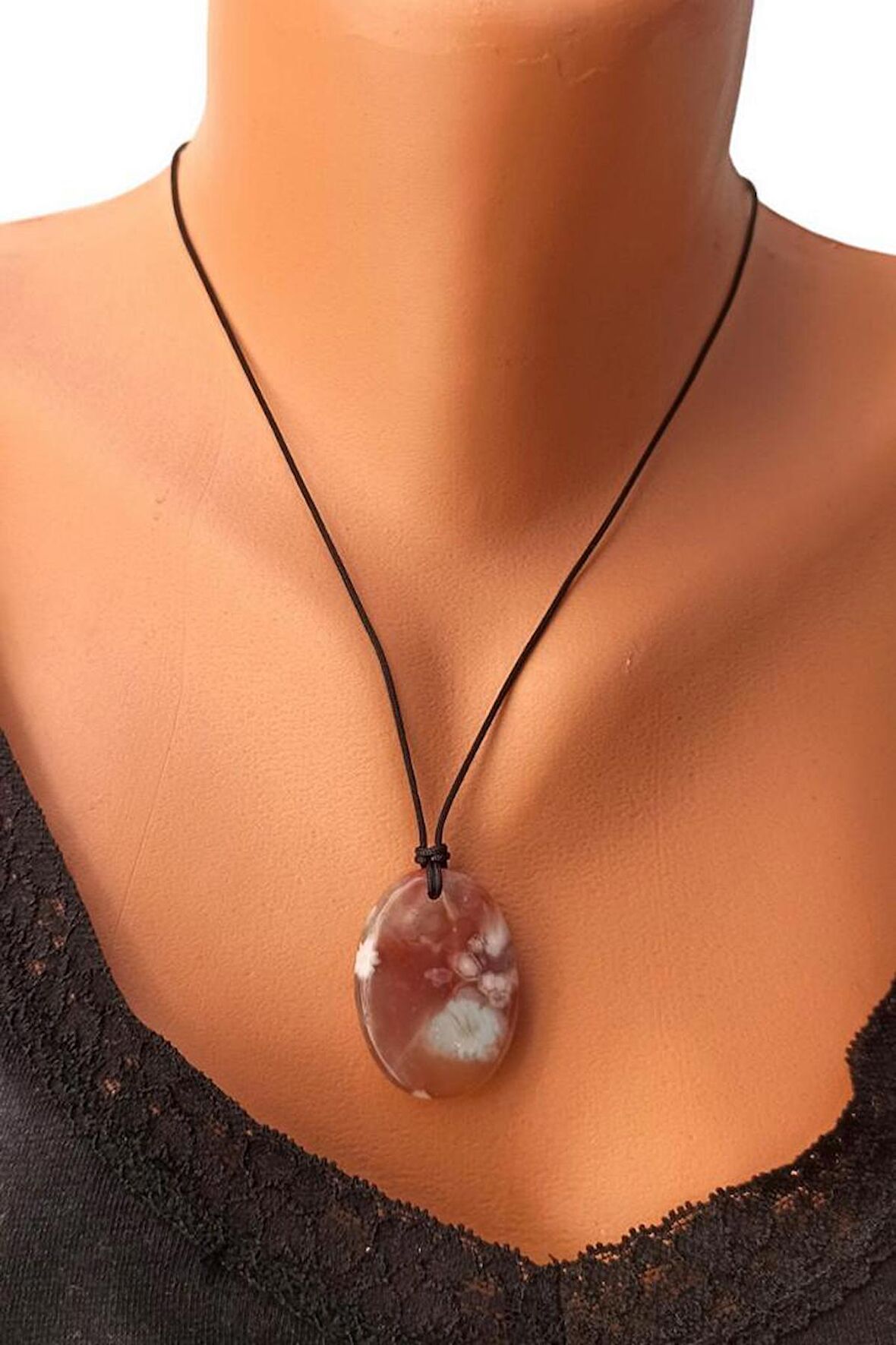 Flower Agate Çiçek Akik İpli Kolye 326-2