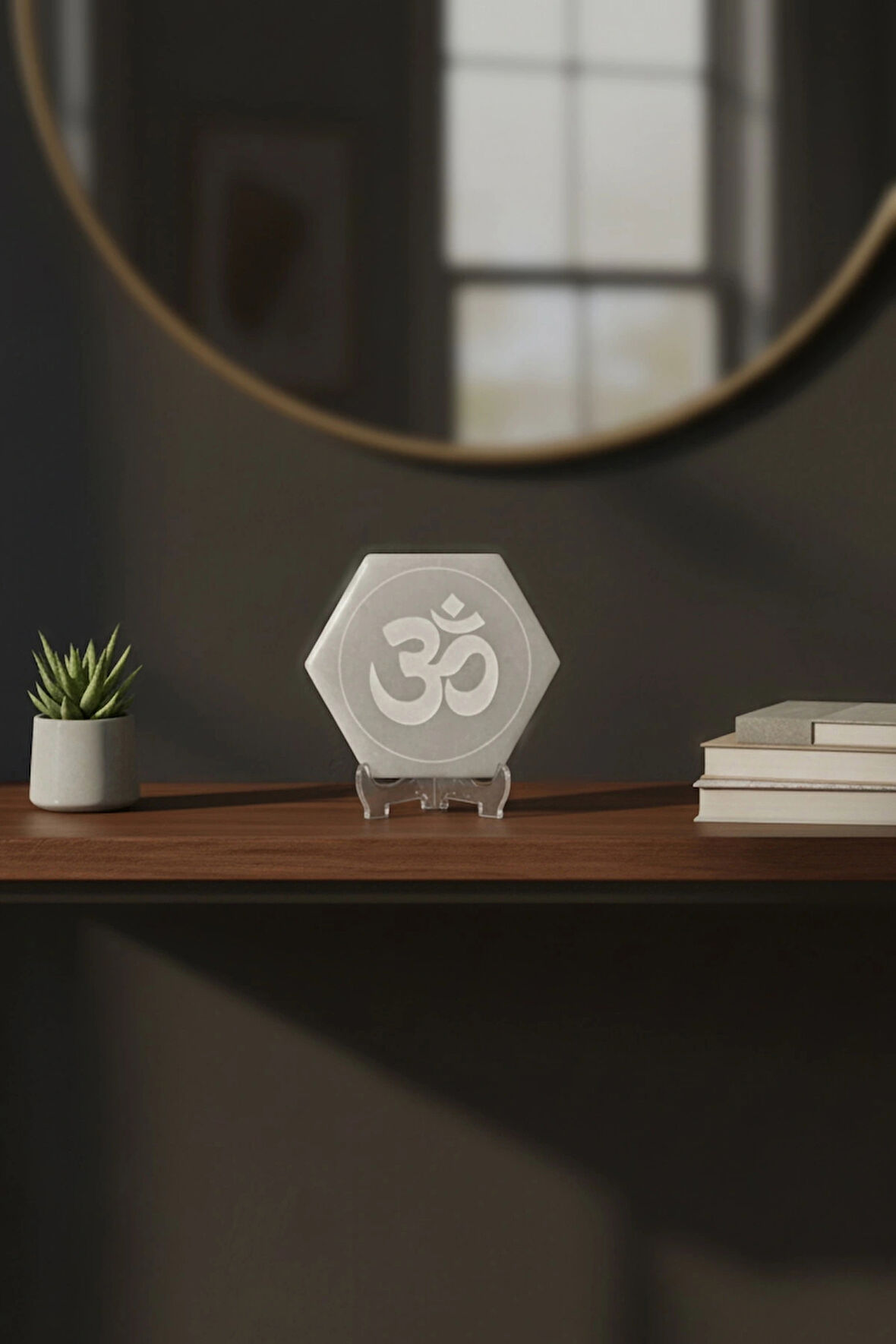 Ohm Sembolü Enerji Yükleyici Beyaz Selenit Altıgen Plaka 58AO