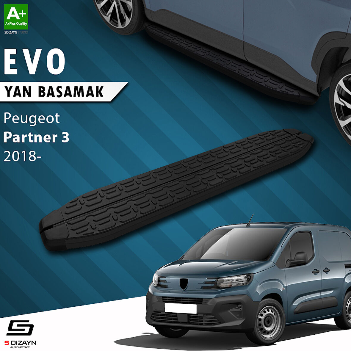 S-Dizayn Peugeot Partner 3 Uzun Şase Evo Siyah Yan Basamak 213 Cm 2018 Üzeri A+ Kalite