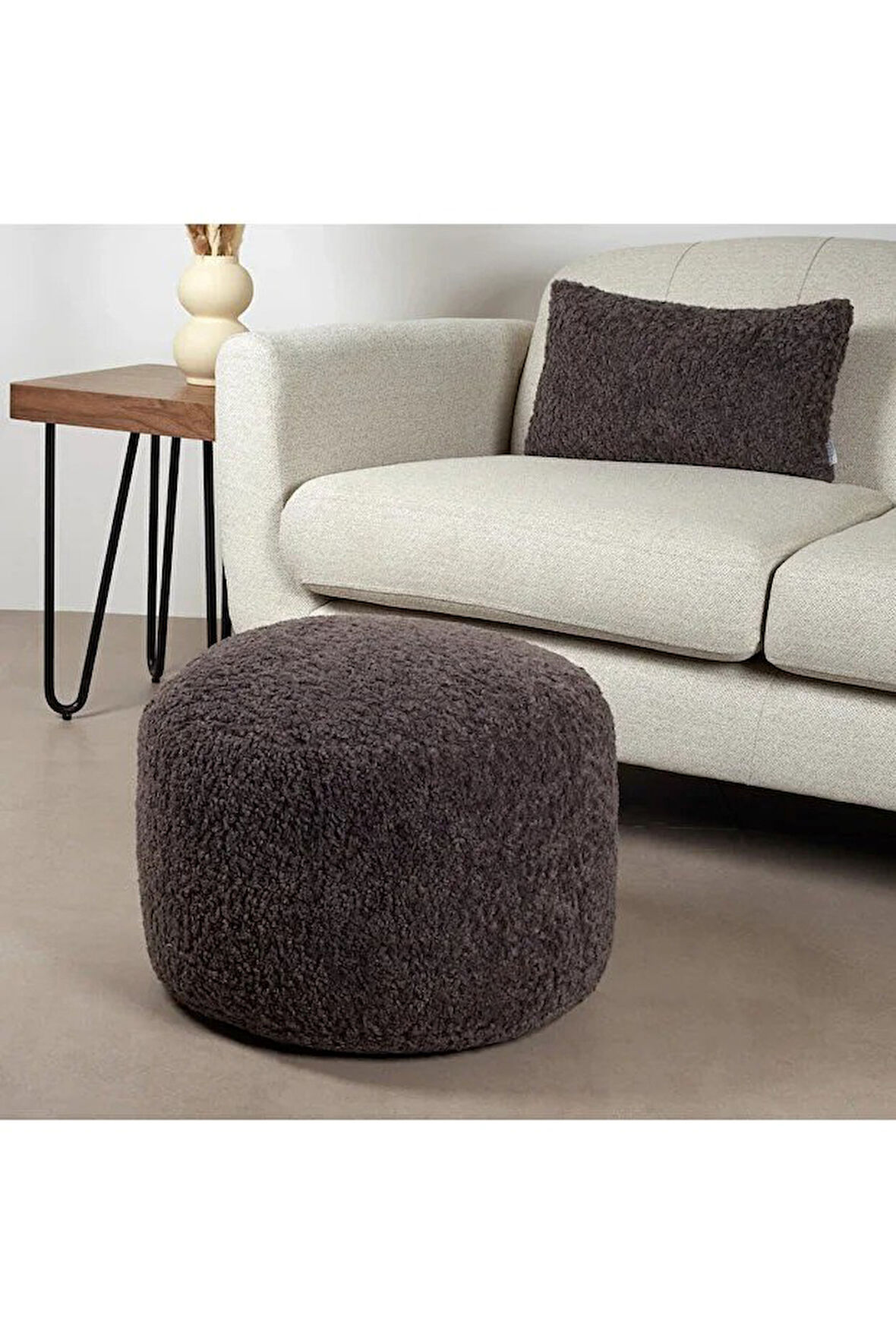 PEBLİS Yuvarlak Pofuduk Tüylü Peluş Dekoratif Yatak Ucu Oturma Pufu Makyaj Pufu Koridor Oturağı