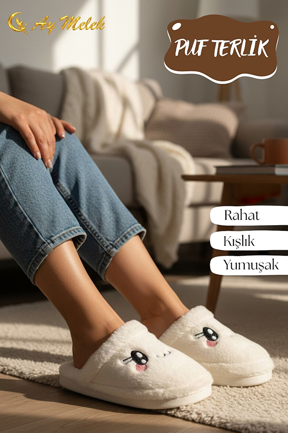 Kadın Ev Terliği Kışlık Peluş Pofuduk (Hayvan Figürlü) Kaymaz Taban Terlik