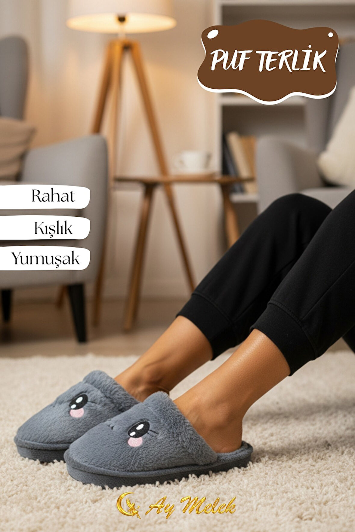 Kadın Ev Terliği Kışlık Peluş Pofuduk (Hayvan Figürlü) Kaymaz Taban Terlik