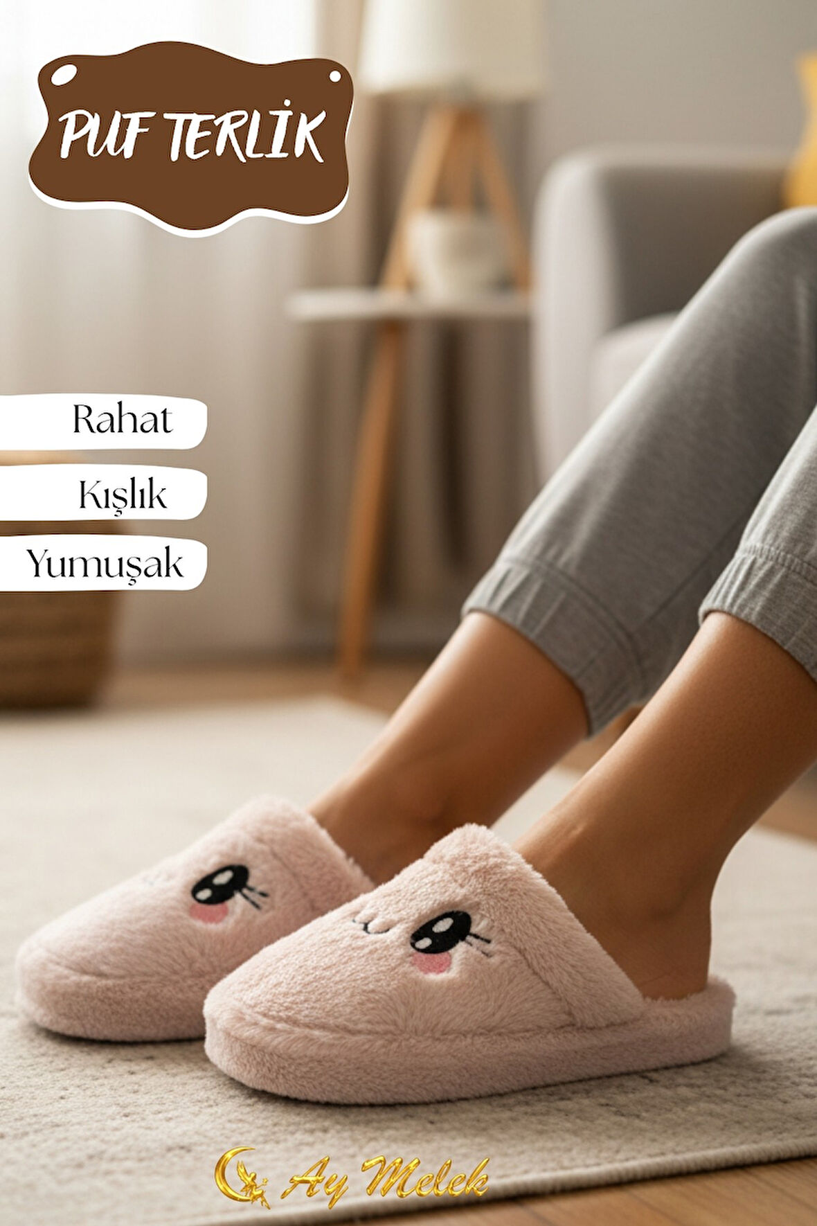 Kadın Ev Terliği Kışlık Peluş Pofuduk (Hayvan Figürlü) Kaymaz Taban Terlik