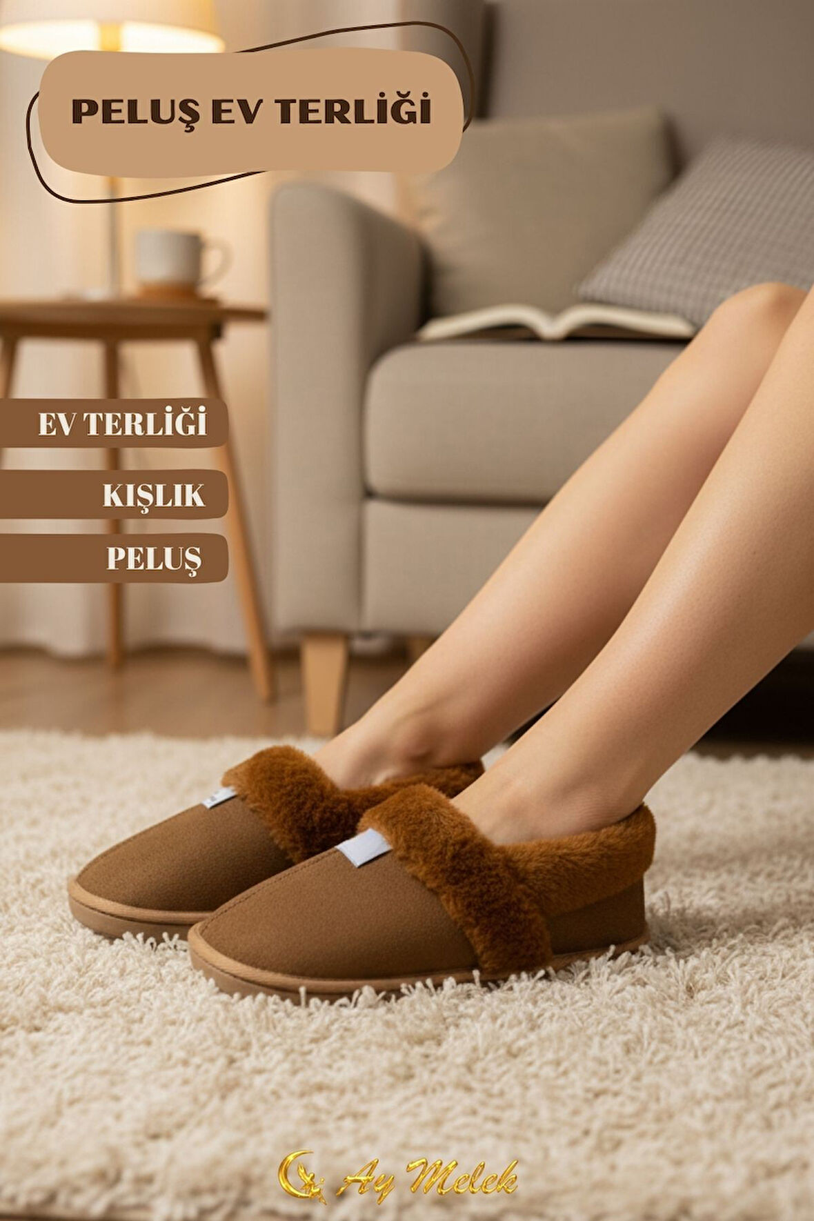 Kadın Ev Terliği İçi Tüylü Kışlık Kaymaz Taban Peluş Panduf