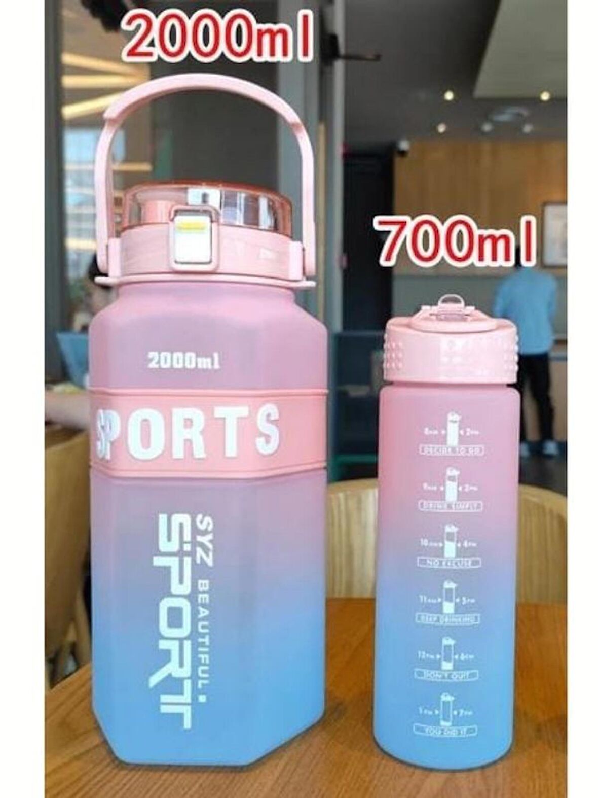 PEMBE-MAVİ 2'li SET Sport Motivasyonel Su Matarası Su Şişesi 2 Lt + 700 Ml Tritan - ALTIGEN